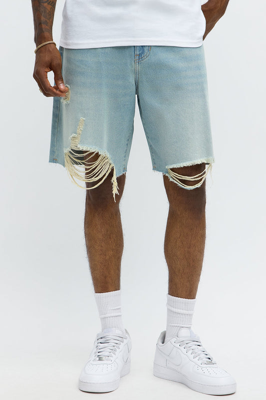 Relaxed Raw Hem Distressed Denim Shorts - Medium Blue Wash