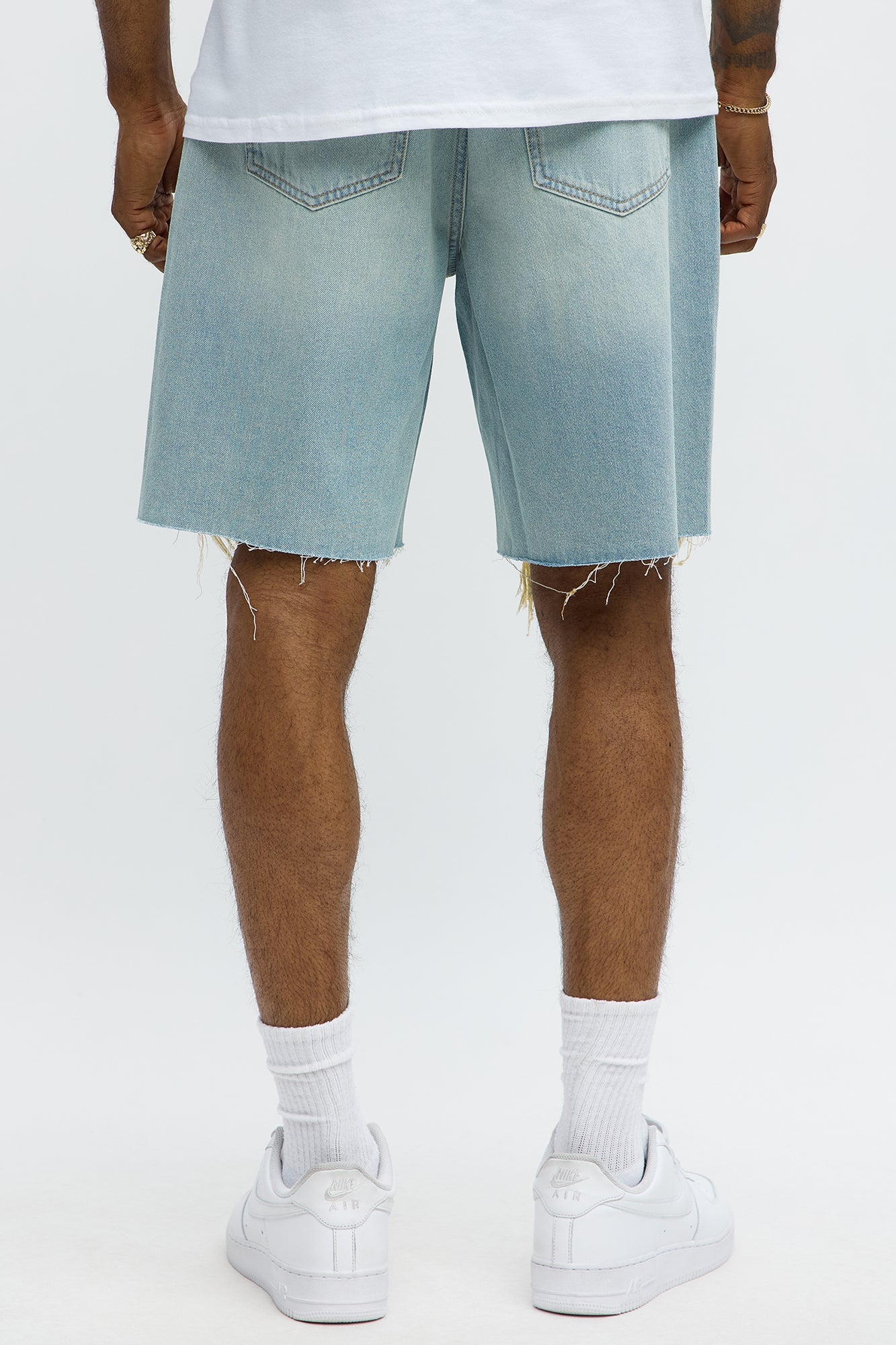 Relaxed Raw Hem Distressed Denim Shorts - Medium Blue Wash
