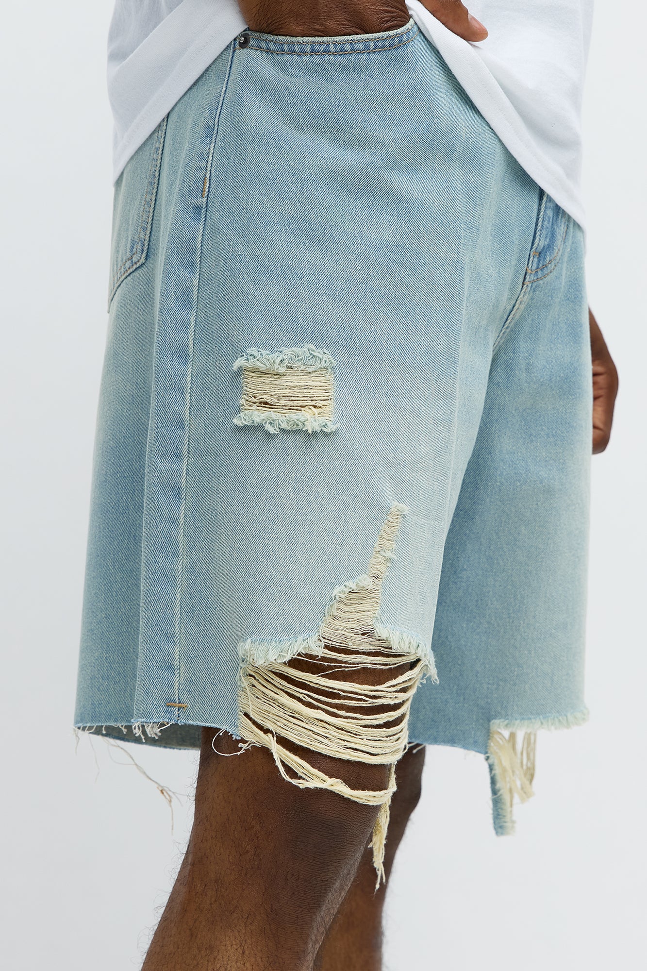 Relaxed Raw Hem Distressed Denim Shorts - Medium Blue Wash
