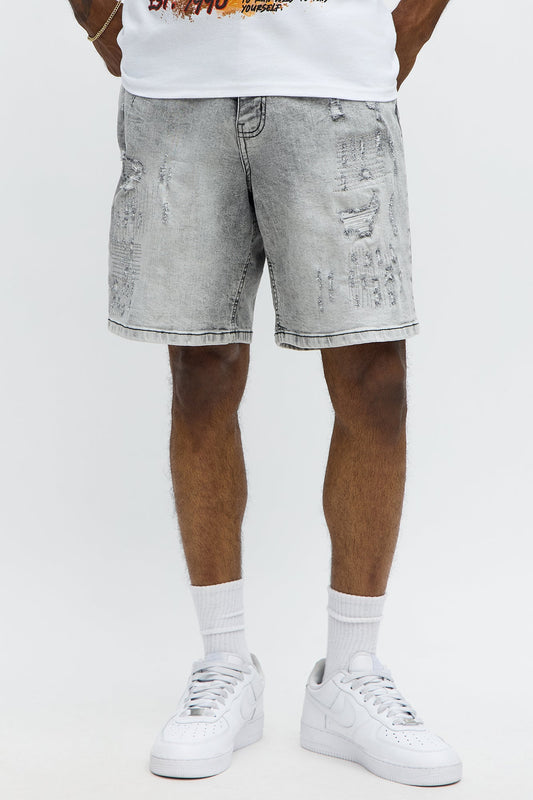 Relaxed Looking Out Ripped And Repair Denim Shorts - Grey