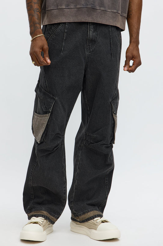 Baggy Bit Contrast Cargo Jean - Black Wash