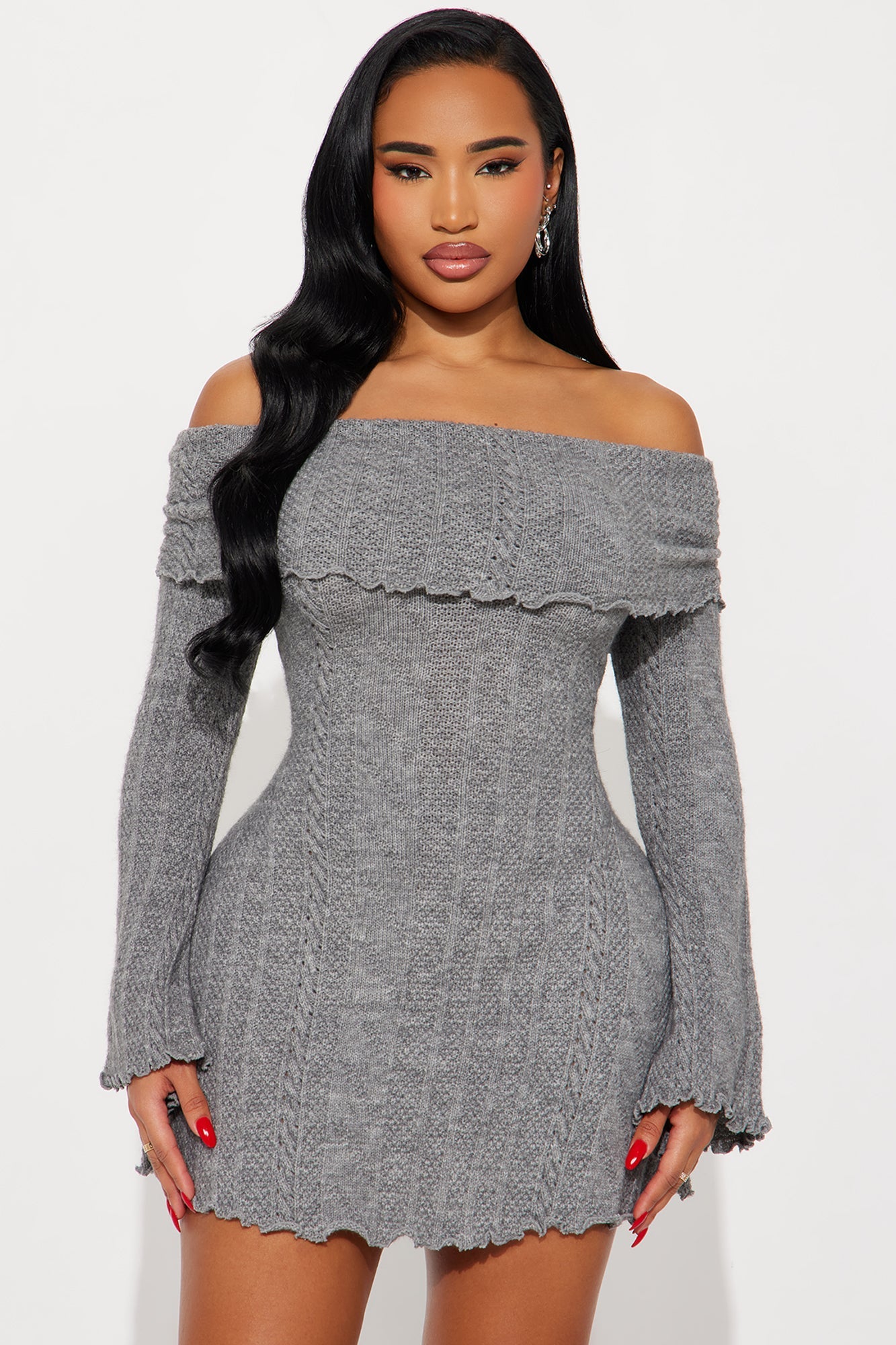 Kallie Off Shoulder Sweater Mini Dress - Grey