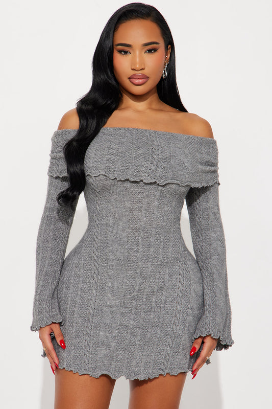 Kallie Off Shoulder Sweater Mini Dress - Grey