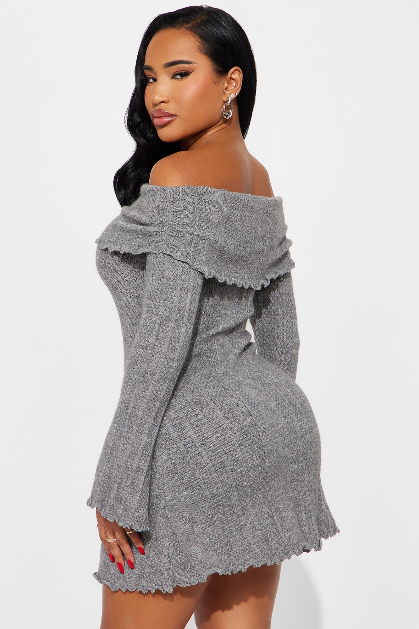 Kallie Off Shoulder Sweater Mini Dress - Grey