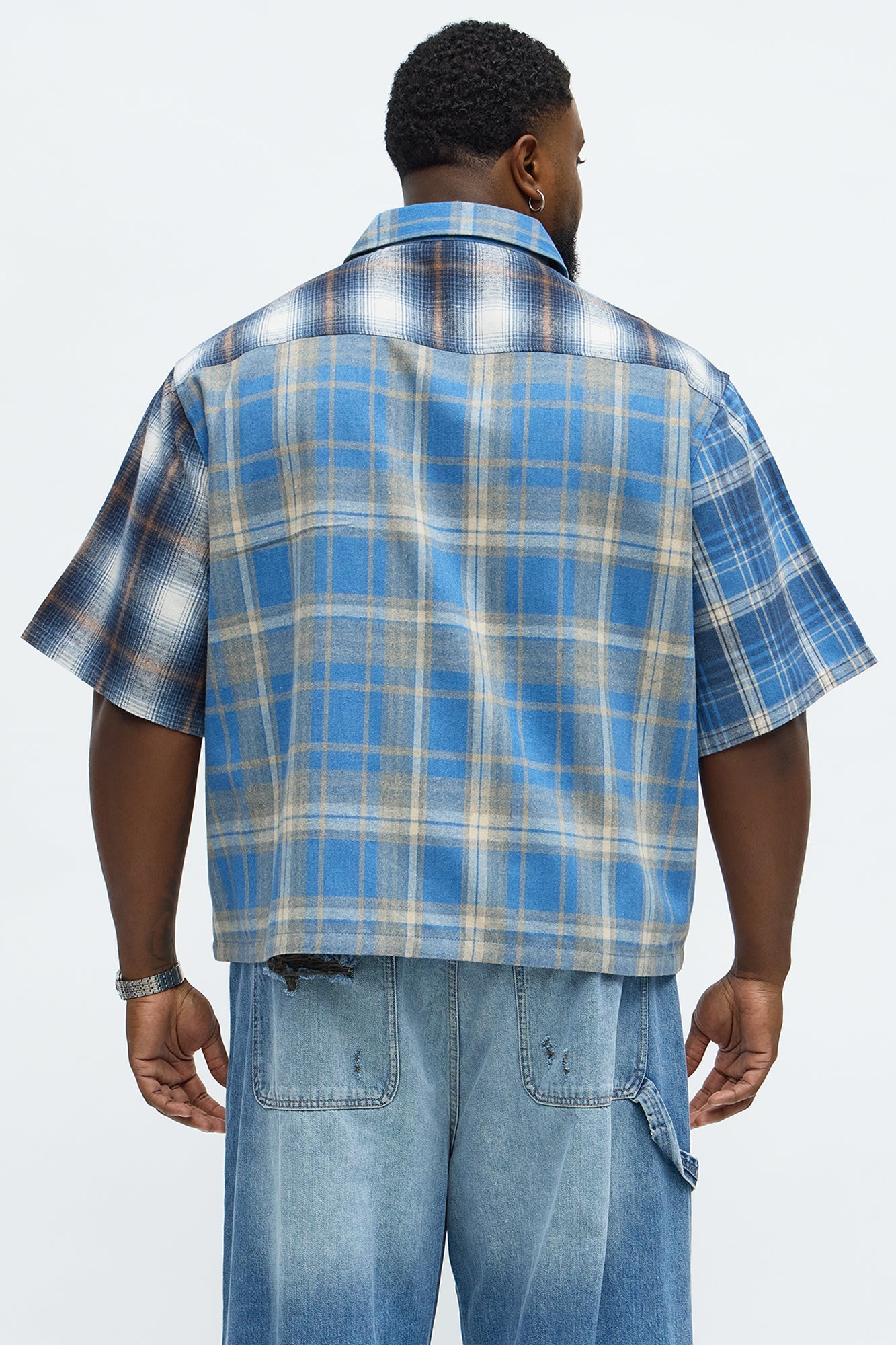 Cropped Patchwork Flannel Button Up - Blue/combo