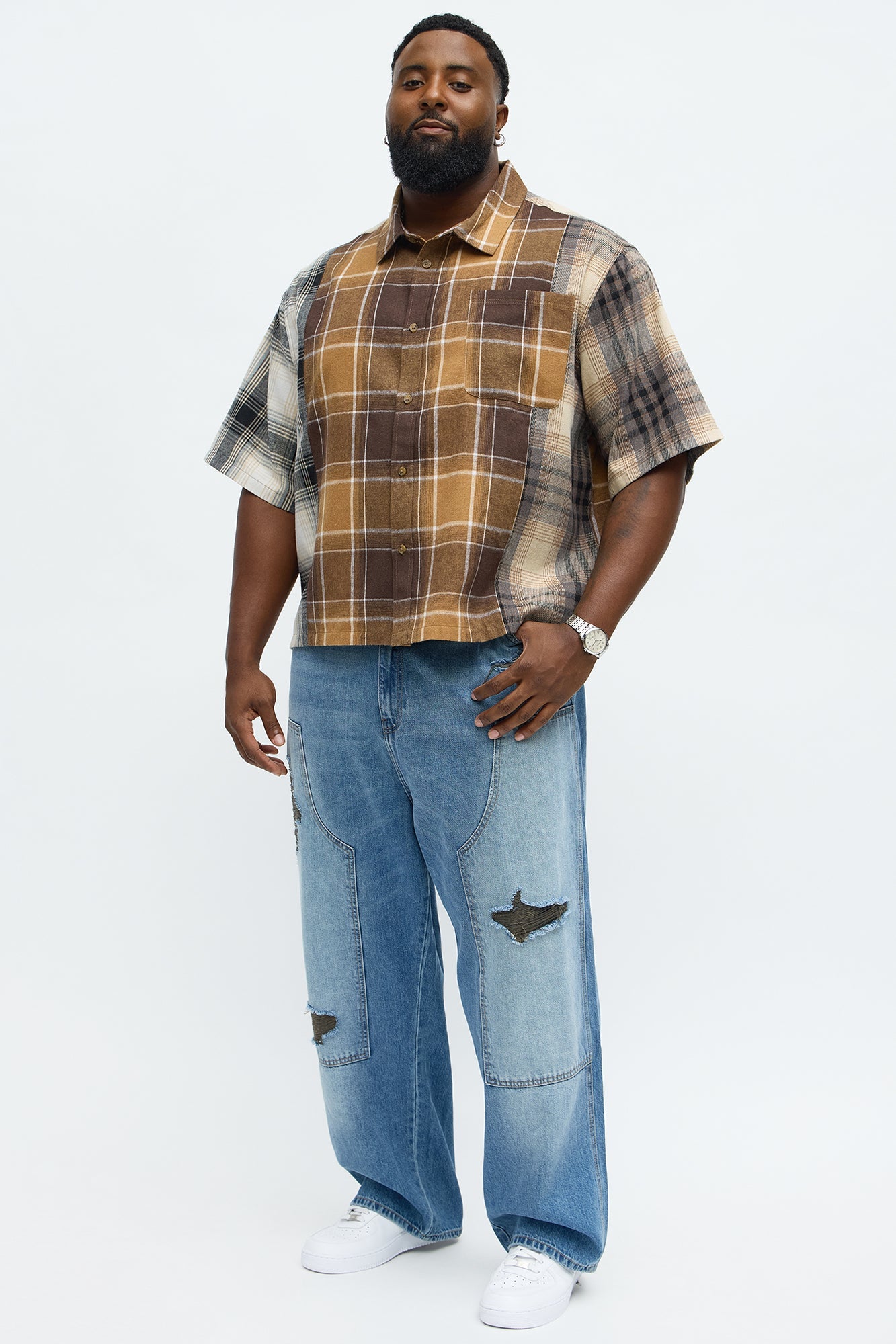 Cropped Patchwork Flannel Button Up - Brown Combo