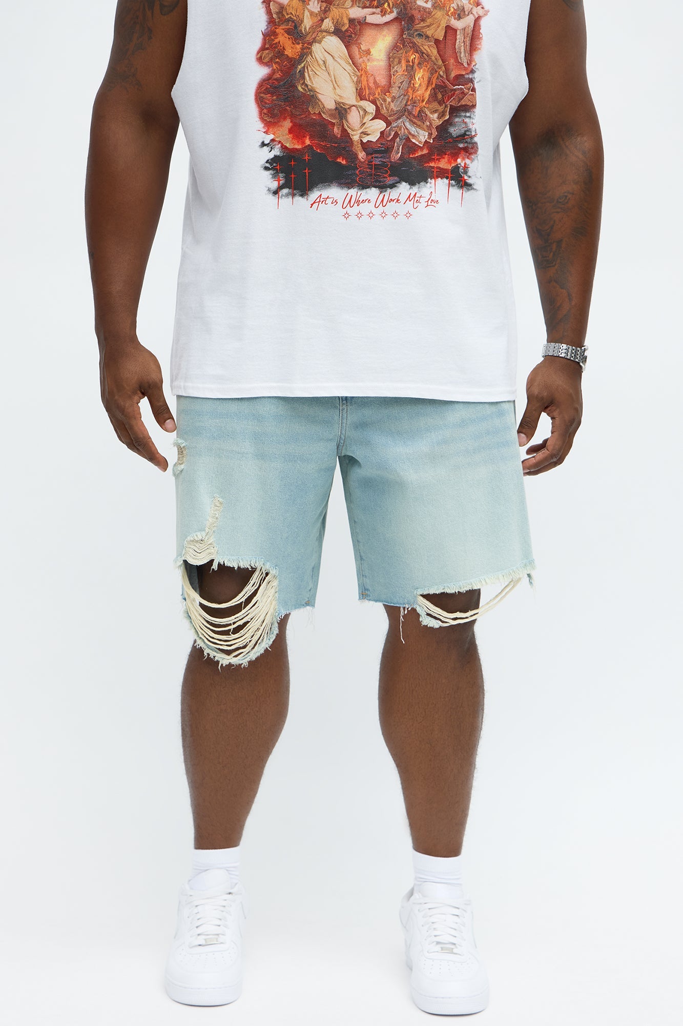 Relaxed Raw Hem Distressed Denim Shorts - Medium Blue Wash