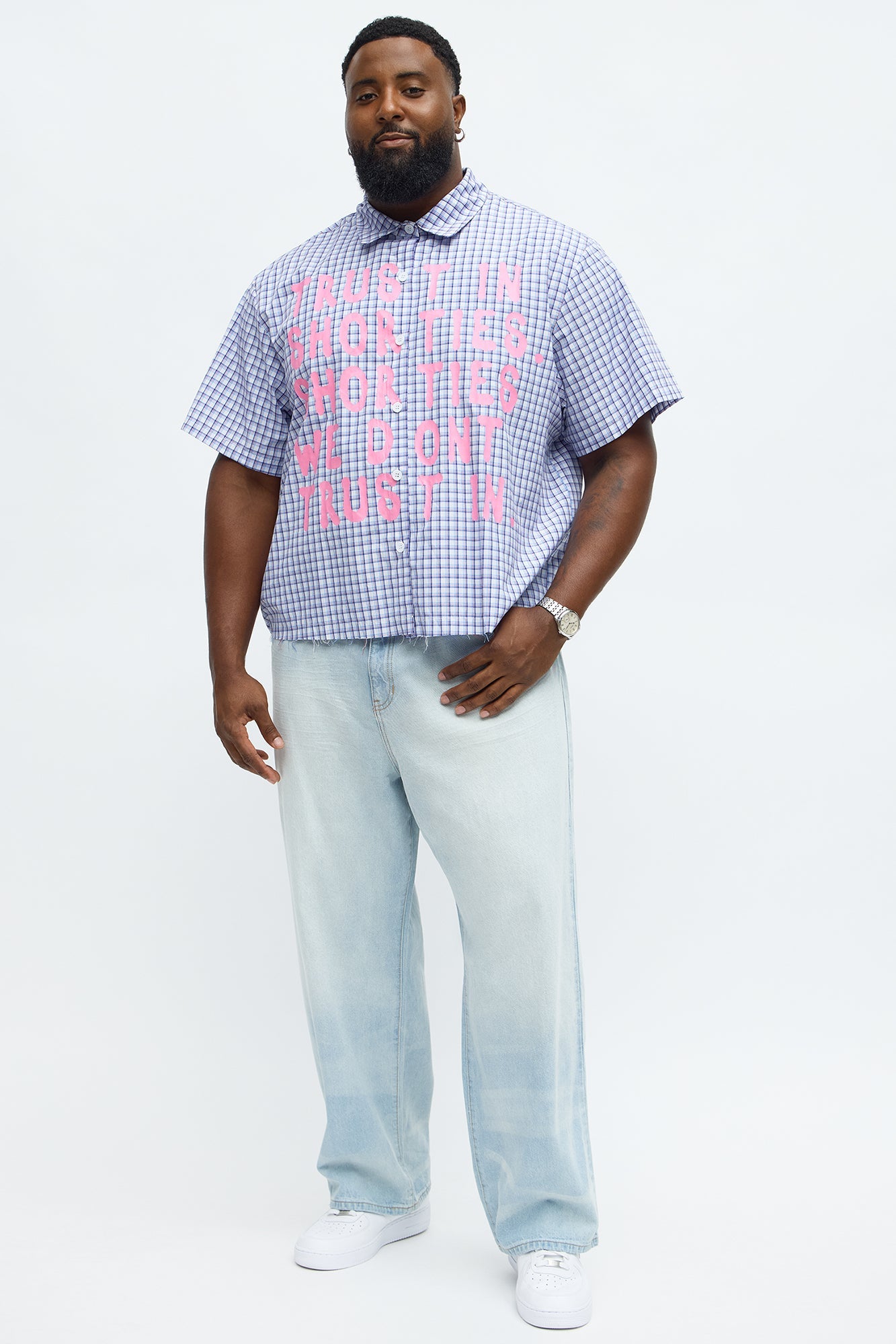 Cropped In Shorties We Trust Button Up Shirt - Blue/combo