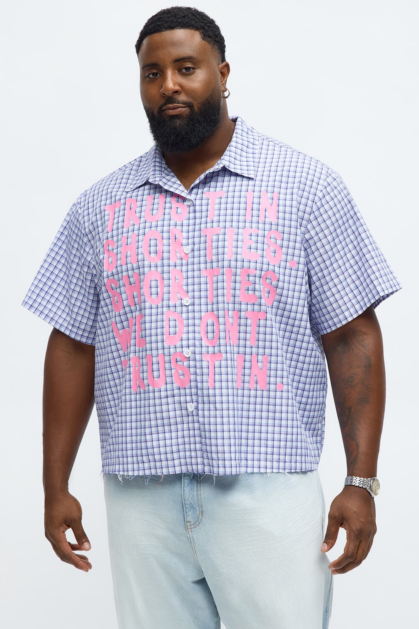 Cropped In Shorties We Trust Button Up Shirt - Blue/combo