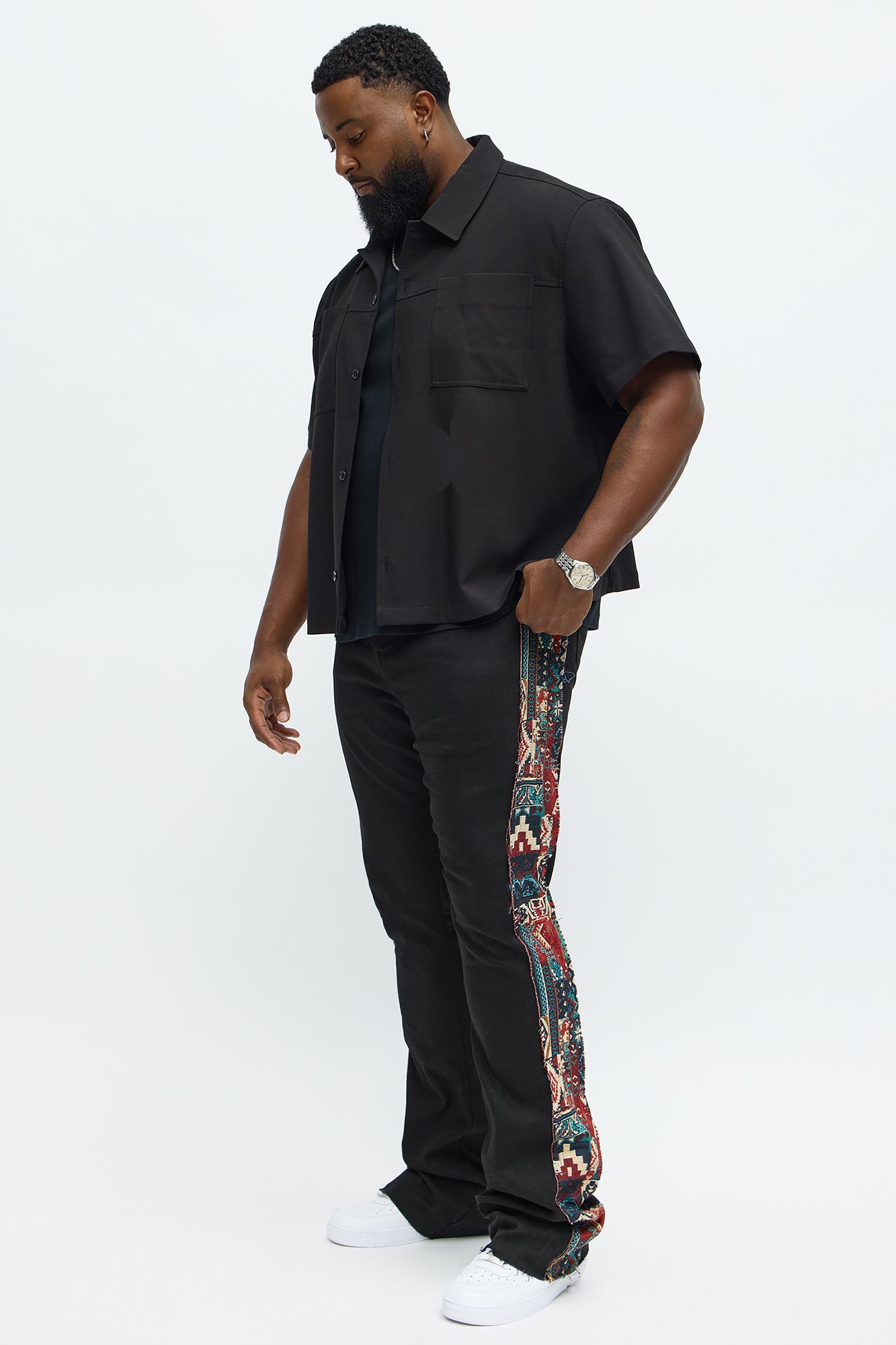 Stacked Slim Flare Hit The Side With Tapestry Jeans - Black