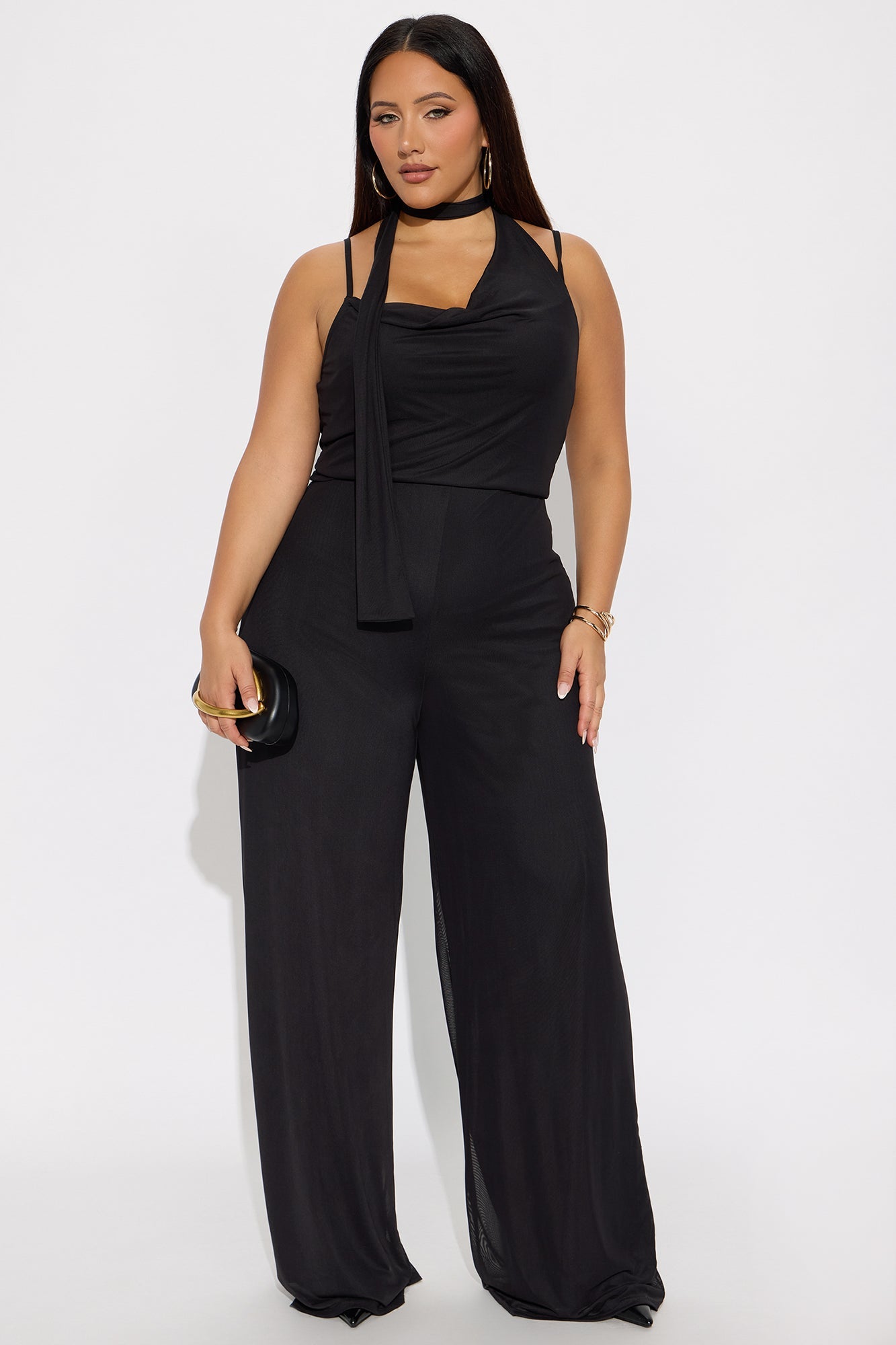 Dahlia Mesh Scarf Wide Leg Jumpsuit - Black
