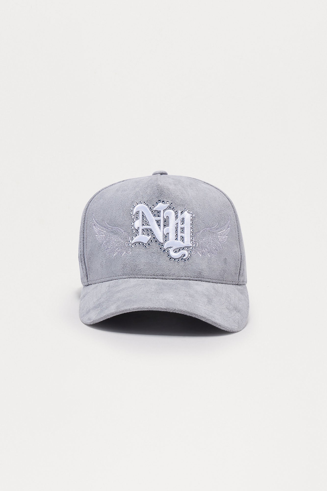 NY Embellished Faux Suede Structured Snapback Hat - Grey