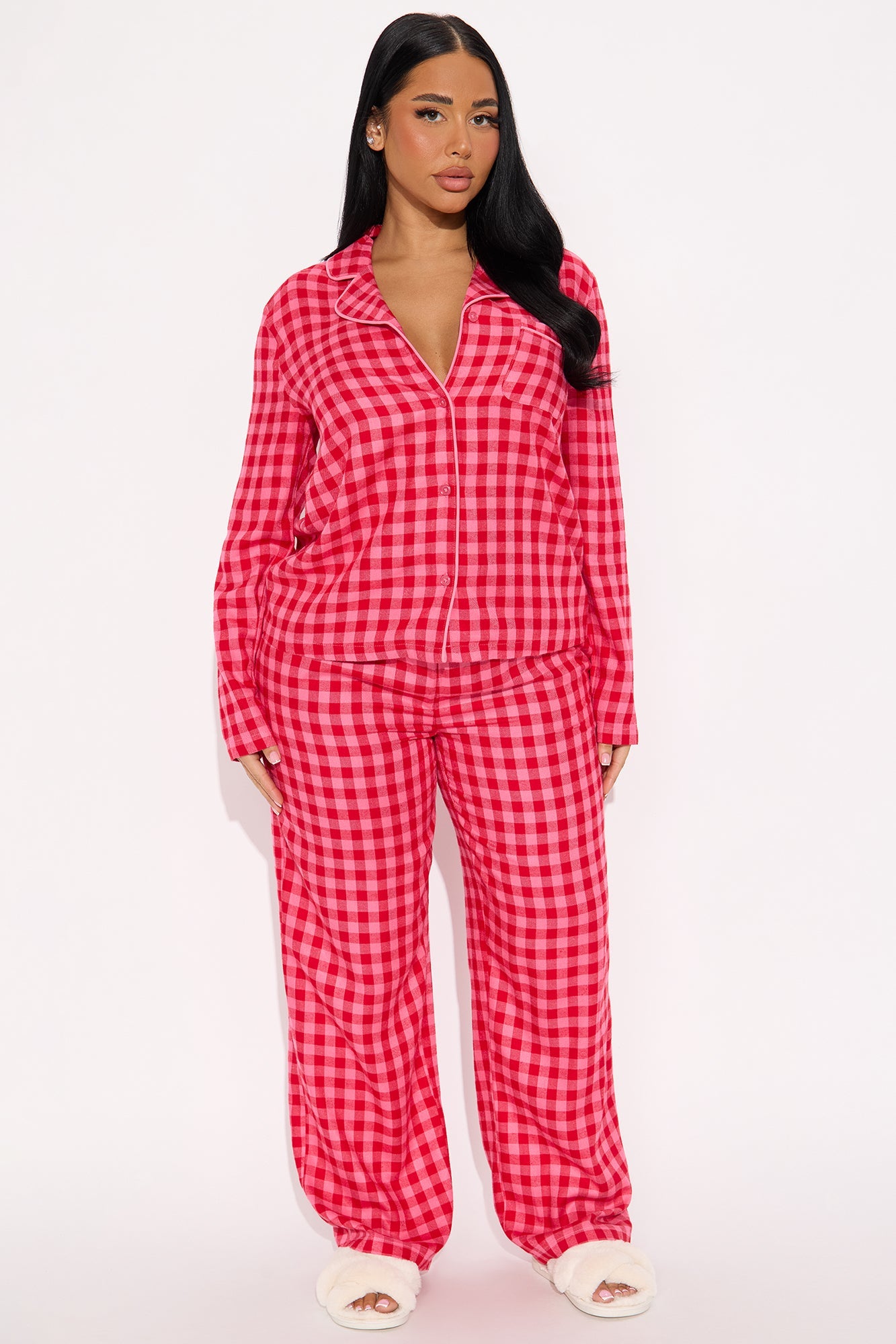 Go Back To Bed Flannel Long Sleeve PJ Pant Set - Hot Pink/combo
