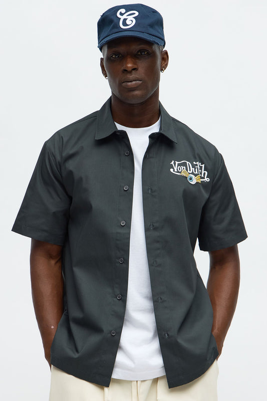 Cropped Von Dutch Moto Apparel Button Up Shirt - Black