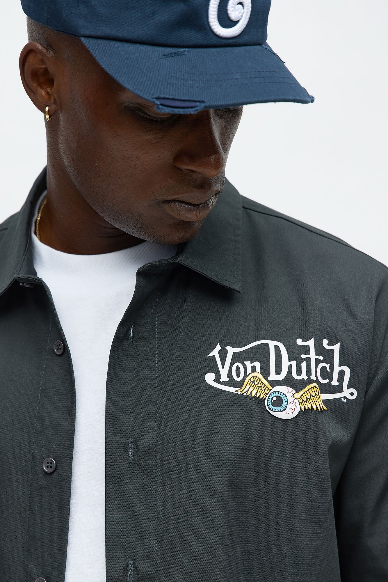 Cropped Von Dutch Moto Apparel Button Up Shirt - Black
