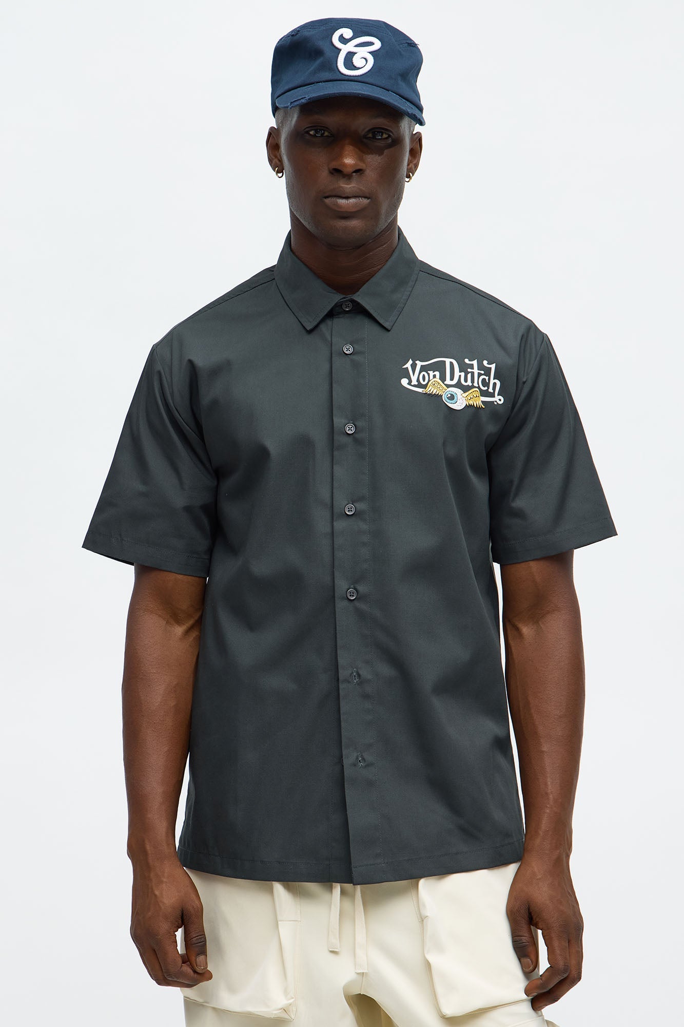 Cropped Von Dutch Moto Apparel Button Up Shirt - Black