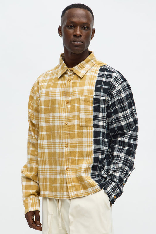 Split Flannel Button Up Shirt - Tan/Multi