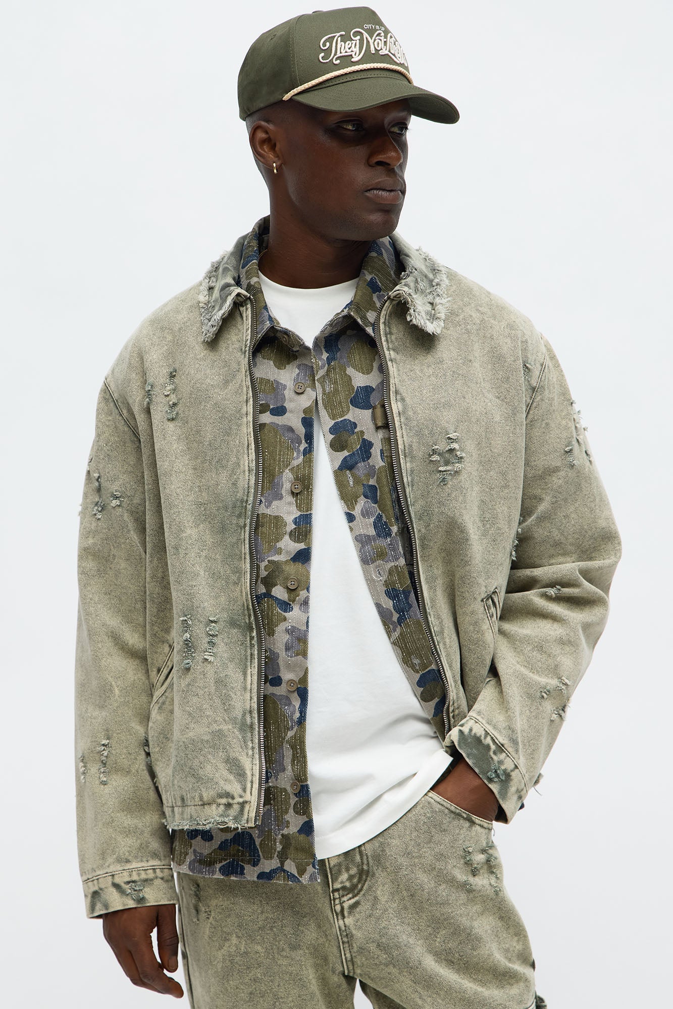 Relaxed Distressed Frayed Work Jacket - Olive