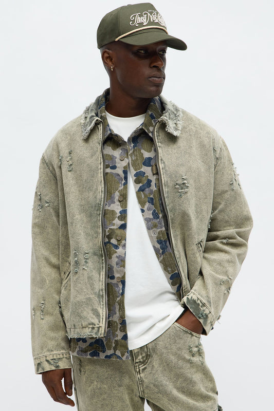 Relaxed Distressed Frayed Work Jacket - Olive