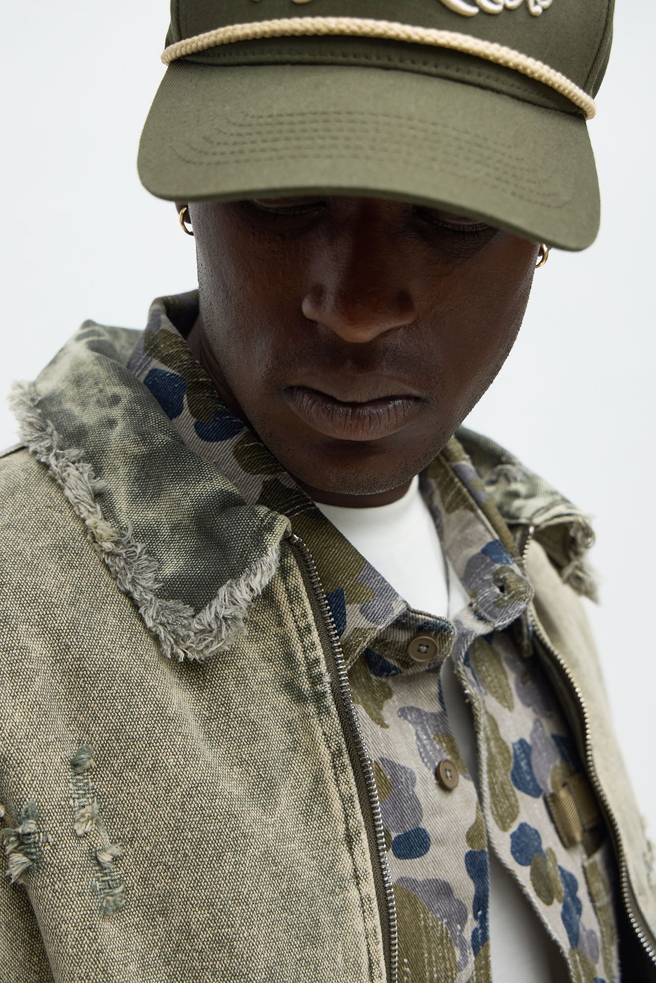 Relaxed Distressed Frayed Work Jacket - Olive