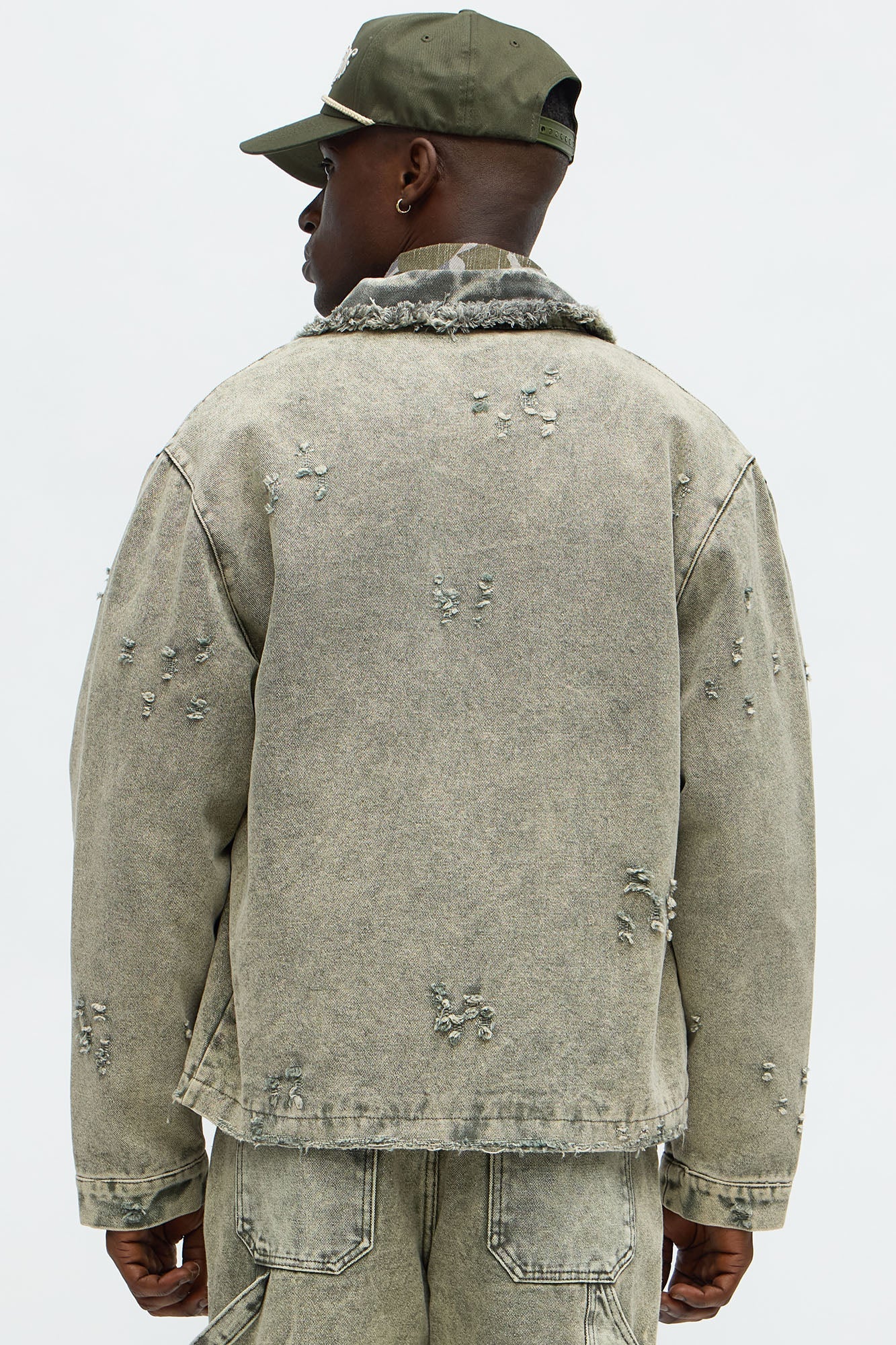 Relaxed Distressed Frayed Work Jacket - Olive