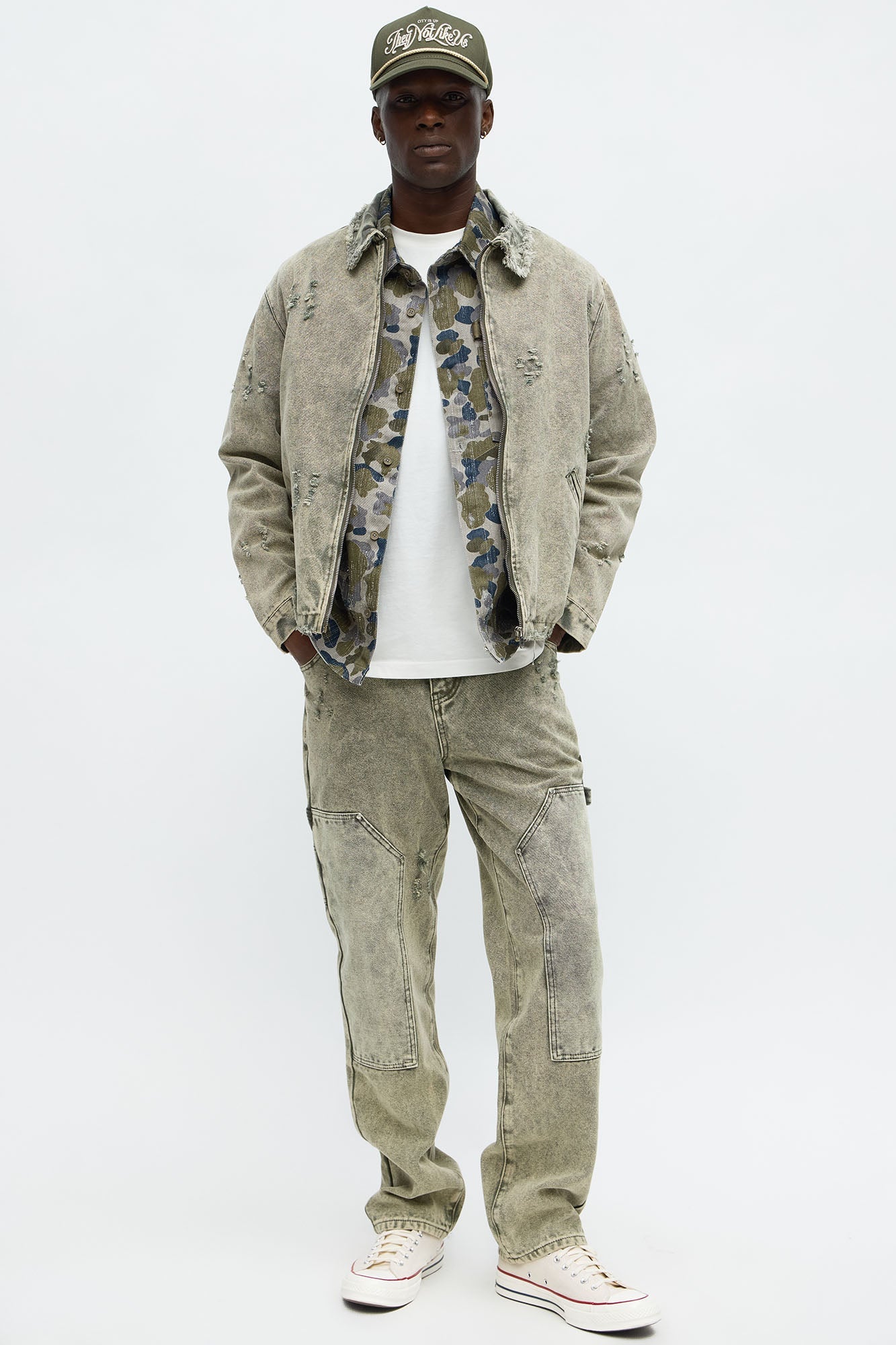 Relaxed Distressed Frayed Work Jacket - Olive