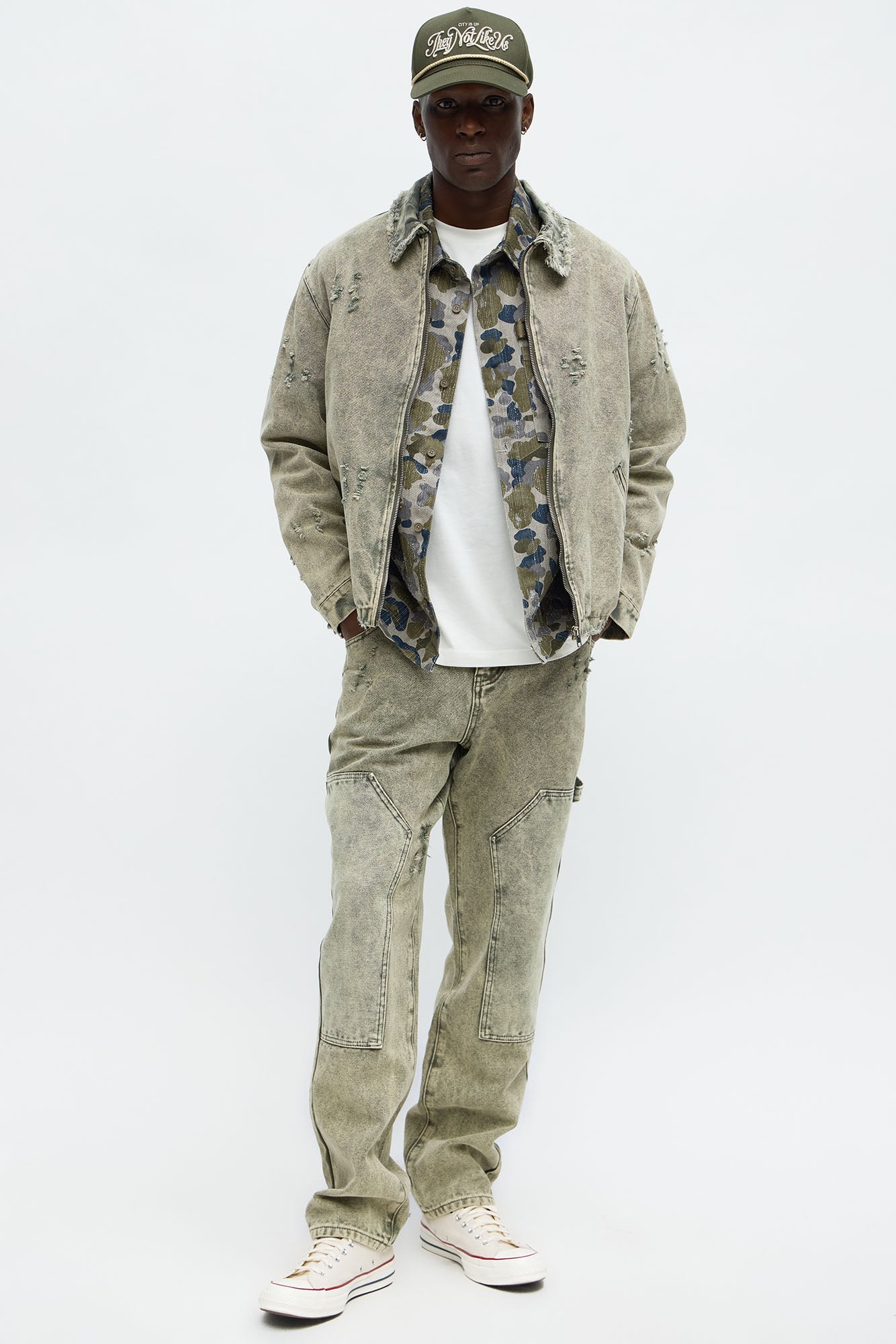 Straight Distressed Carpenter Jean - Olive