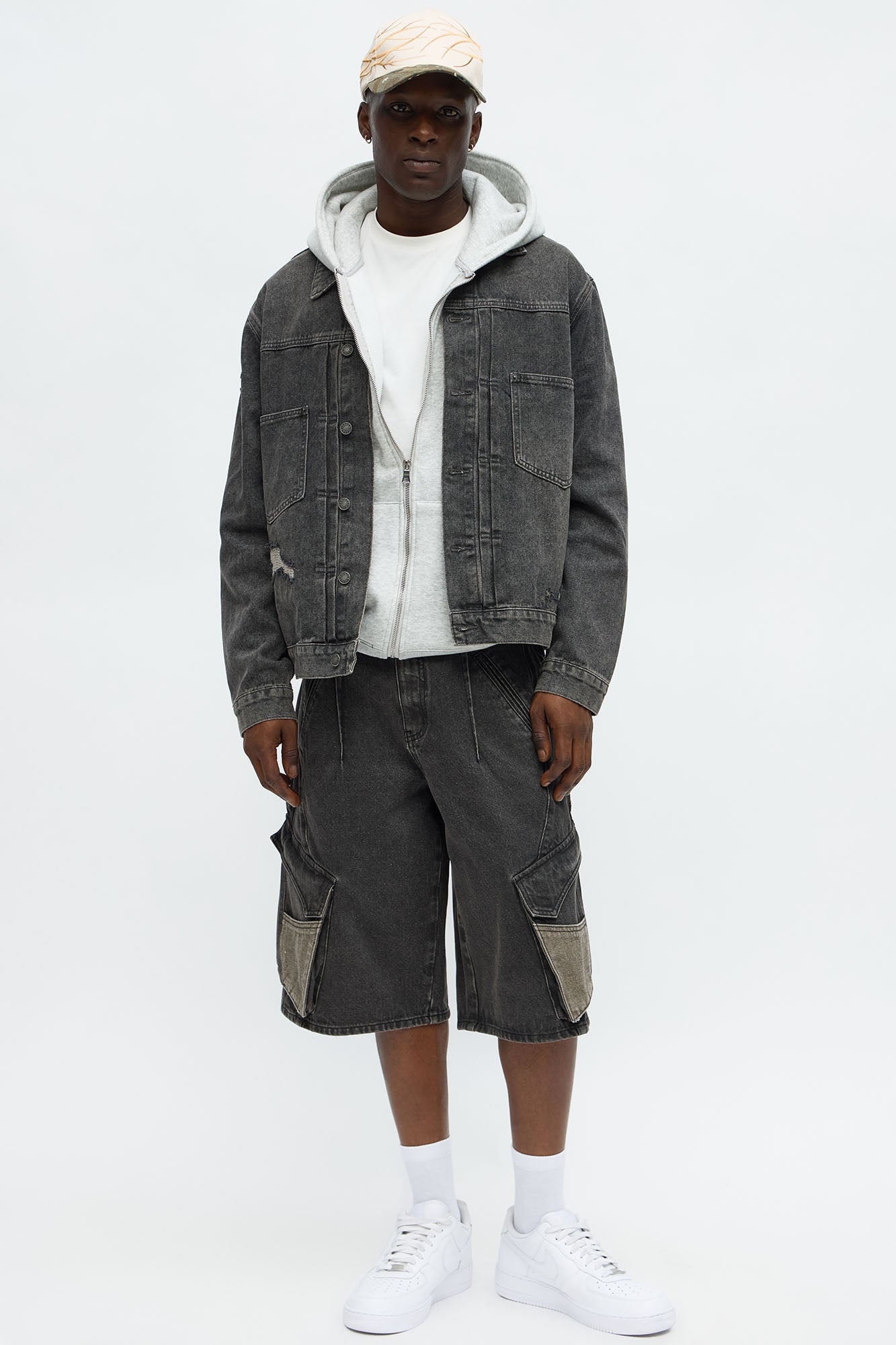 Baggy Bit Contrast Cargo Denim Short - Black Wash