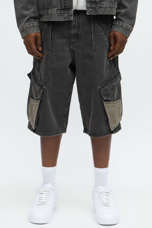 Baggy Bit Contrast Cargo Denim Short - Black Wash