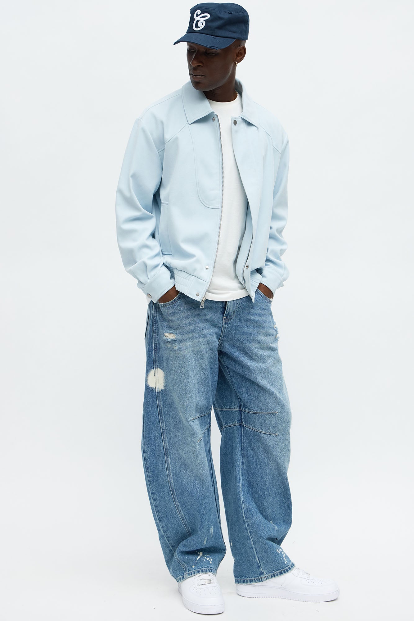 Side Street Paneled Bomber Jacket - Light Blue