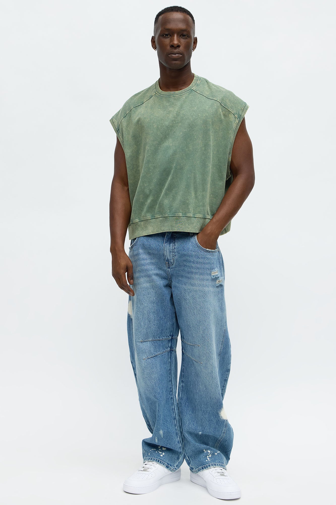 Boxy Washed Up Muscle Tee - Olive