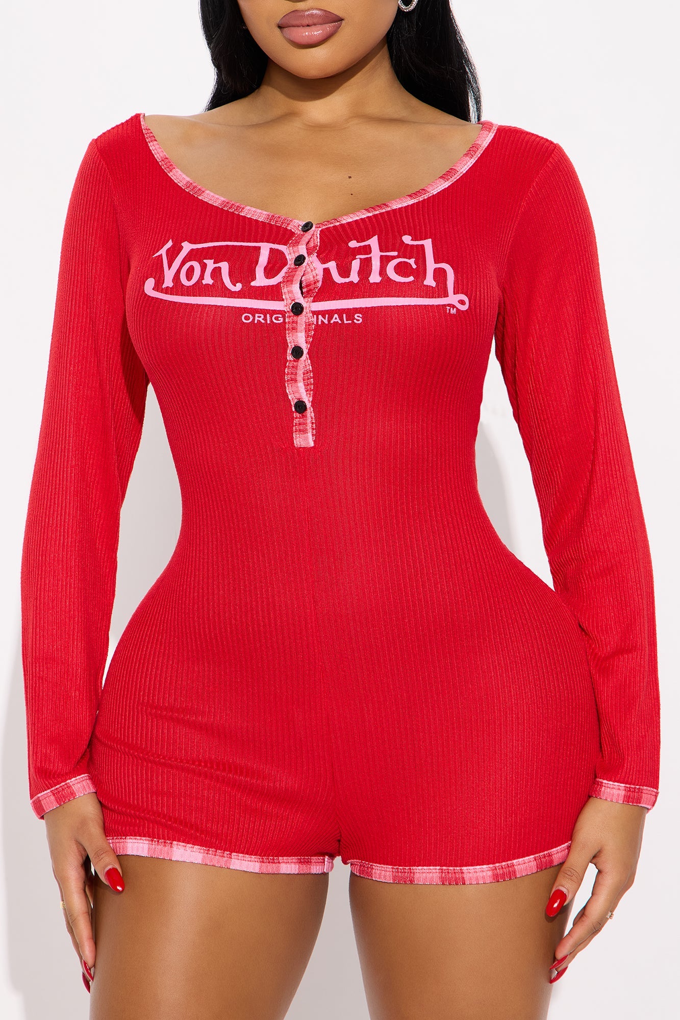 Von Dutch Ribbed Long Sleeve PJ Romper Onesie - Red/combo