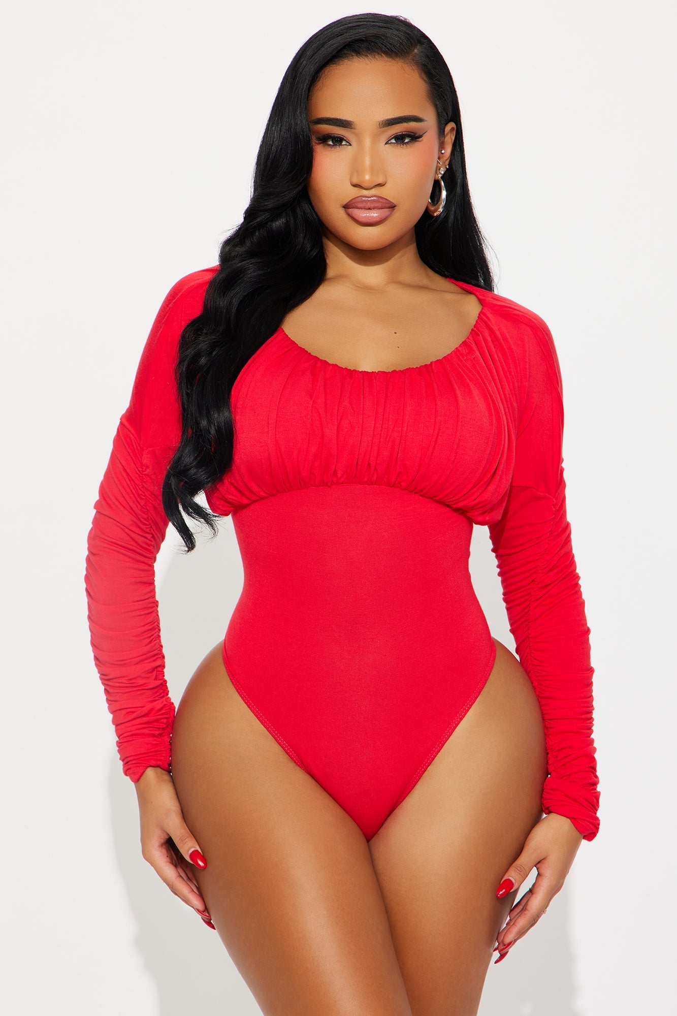 Kaia Ruched Long Sleeve Bodysuit - Red