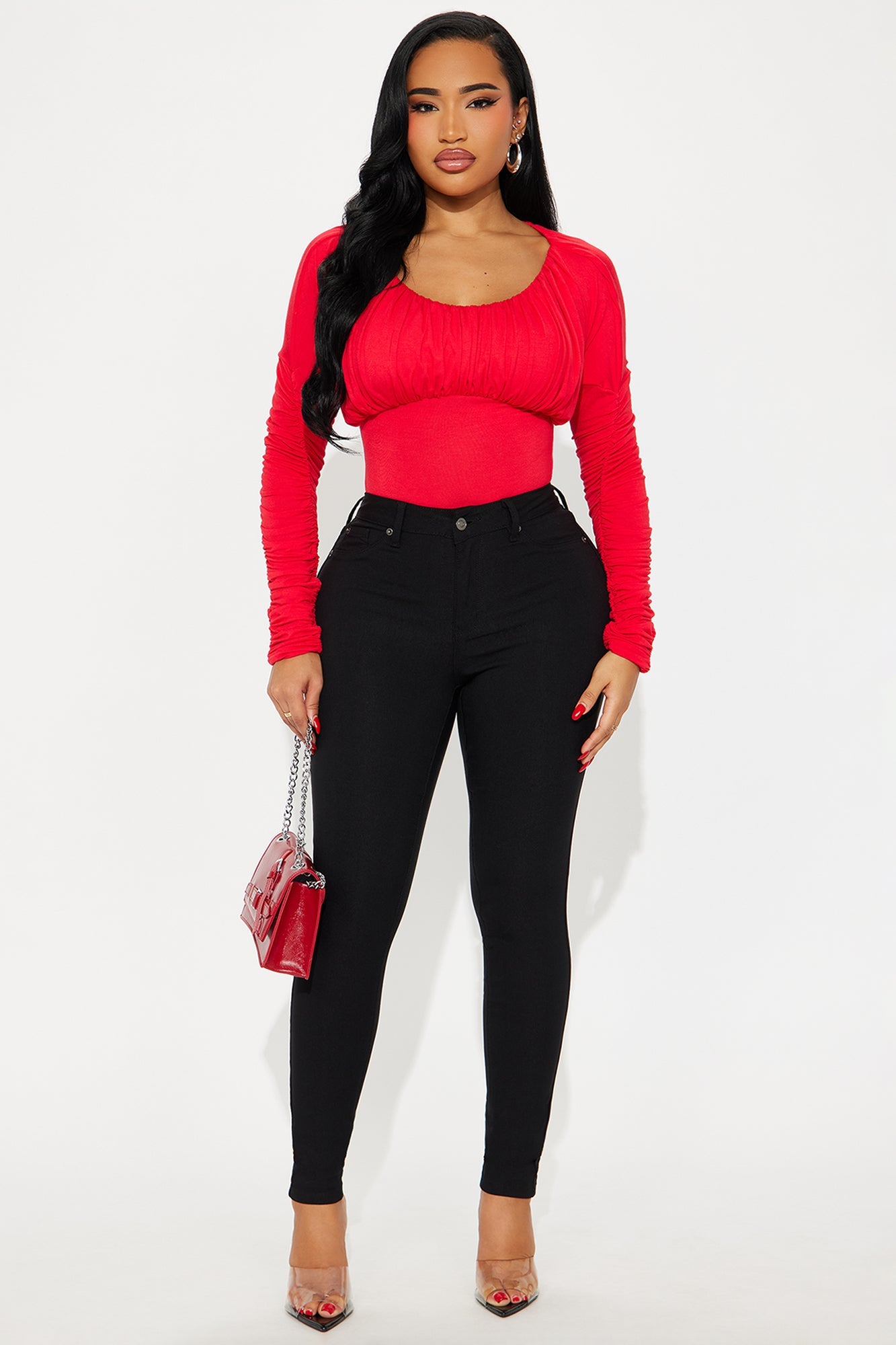 Kaia Ruched Long Sleeve Bodysuit - Red