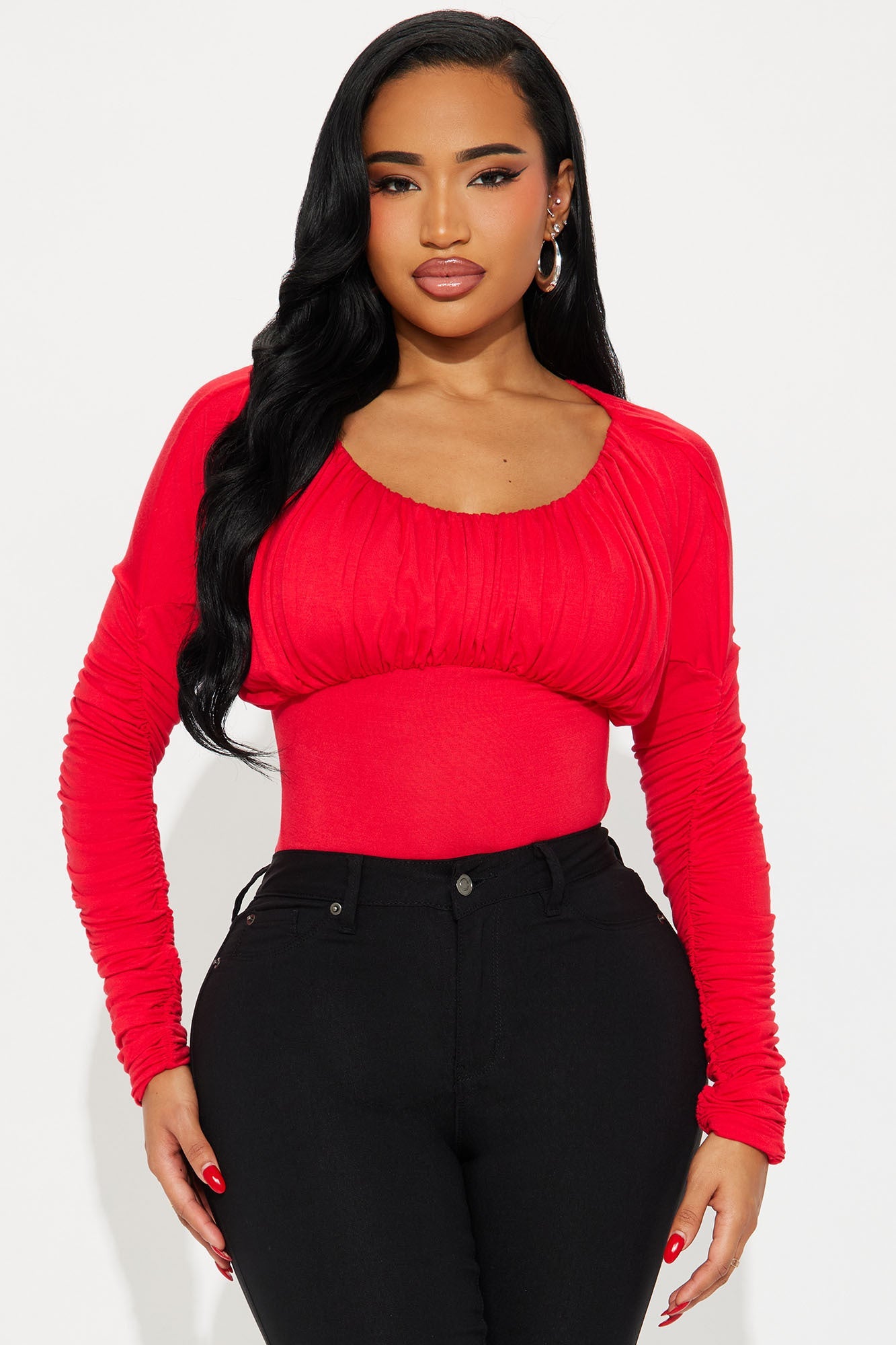 Kaia Ruched Long Sleeve Bodysuit - Red