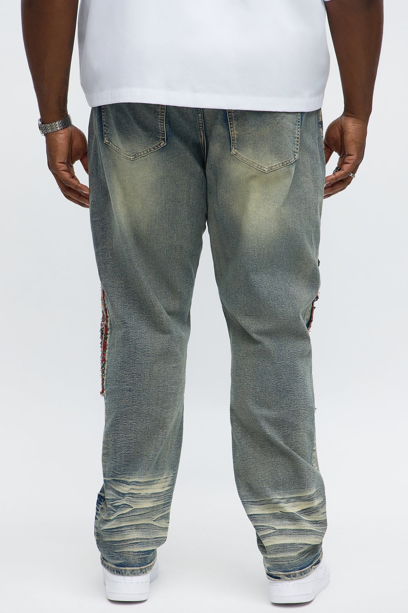 Slim Patched Tapestry Distressed Jeans - Vintage Blue Wash