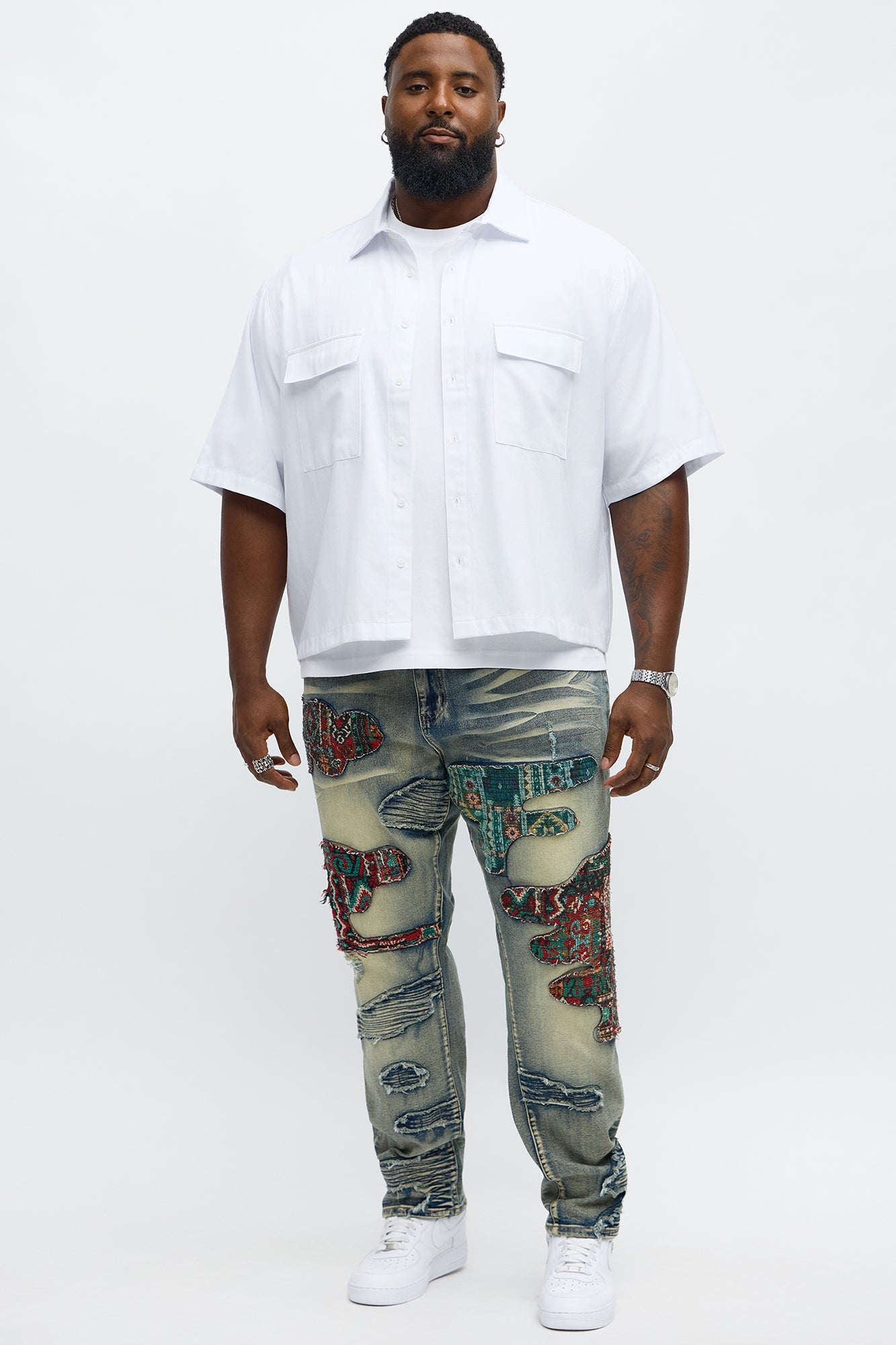 Slim Patched Tapestry Distressed Jeans - Vintage Blue Wash