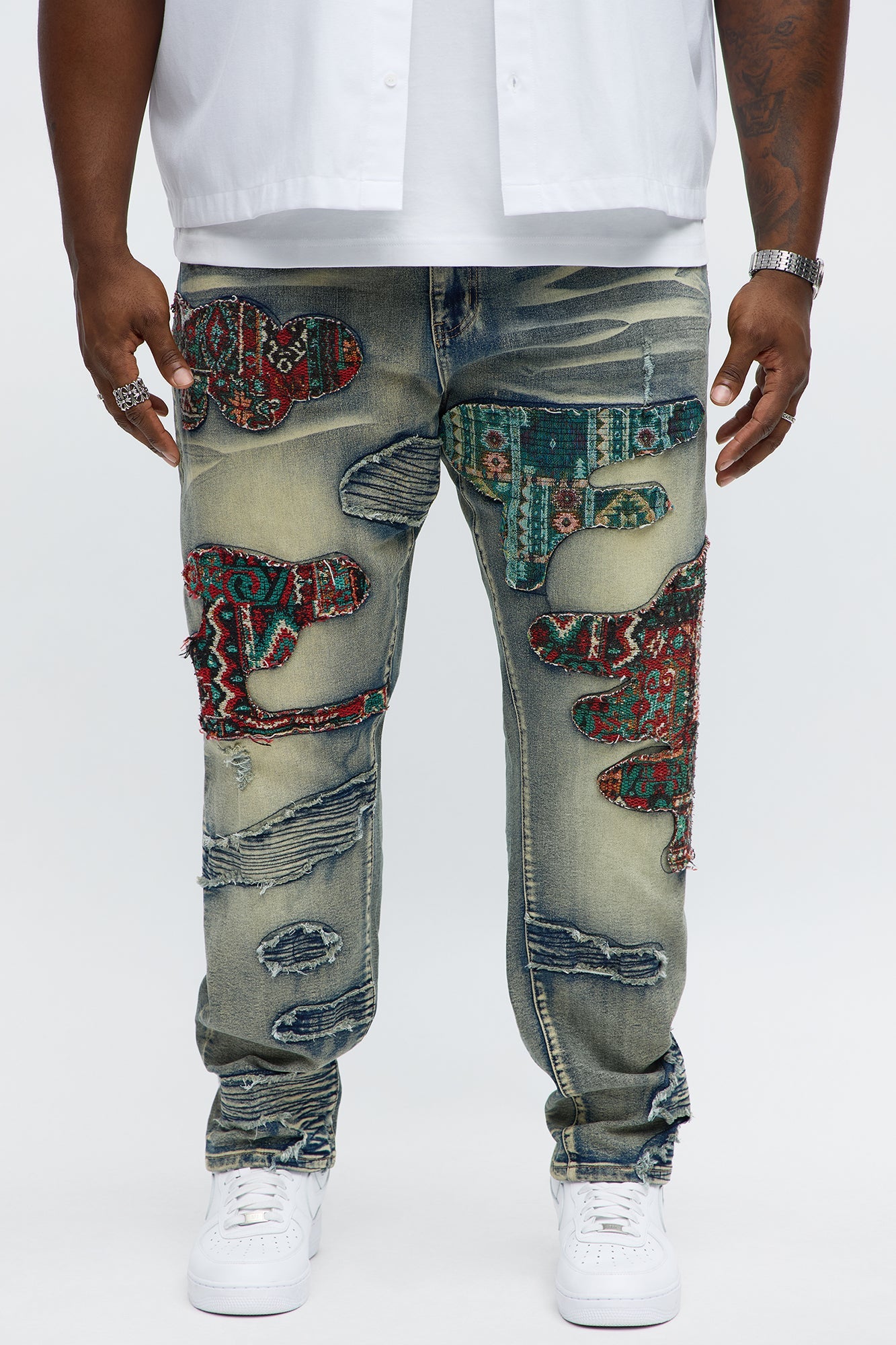 Slim Patched Tapestry Distressed Jeans - Vintage Blue Wash