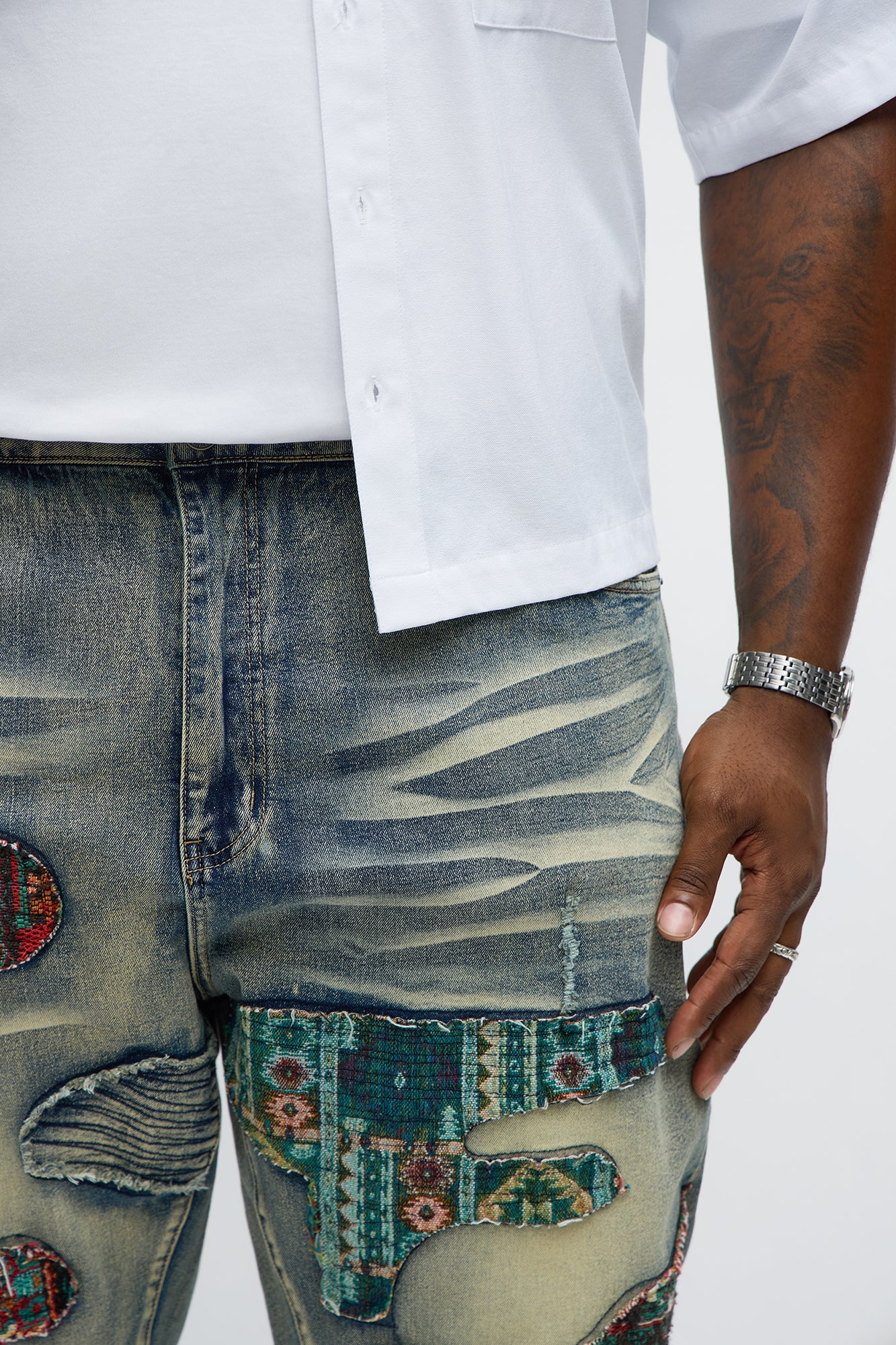 Slim Patched Tapestry Distressed Jeans - Vintage Blue Wash