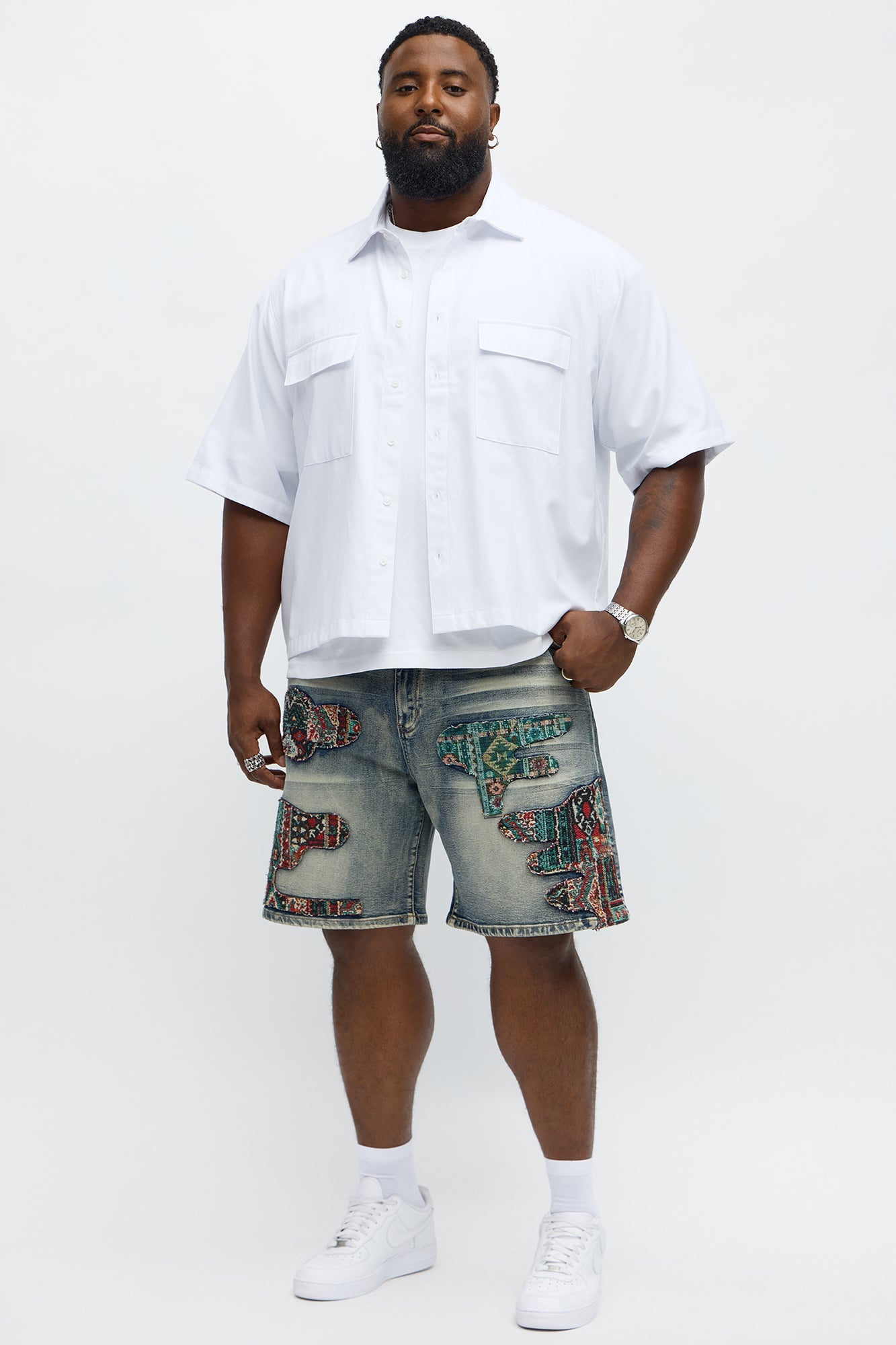 Relaxed Patched Tapestry Denim Shorts - Vintage Blue Wash