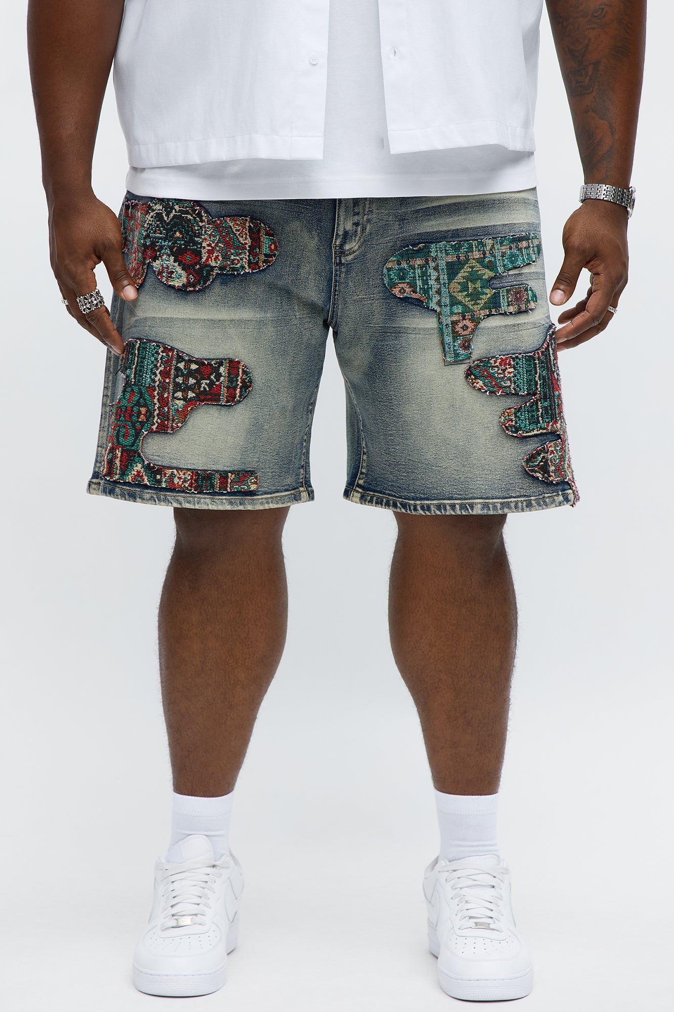 Relaxed Patched Tapestry Denim Shorts - Vintage Blue Wash
