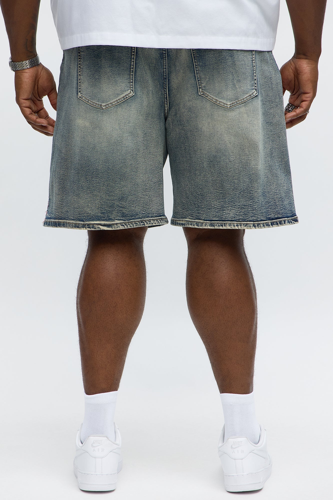 Relaxed Patched Tapestry Denim Shorts - Vintage Blue Wash