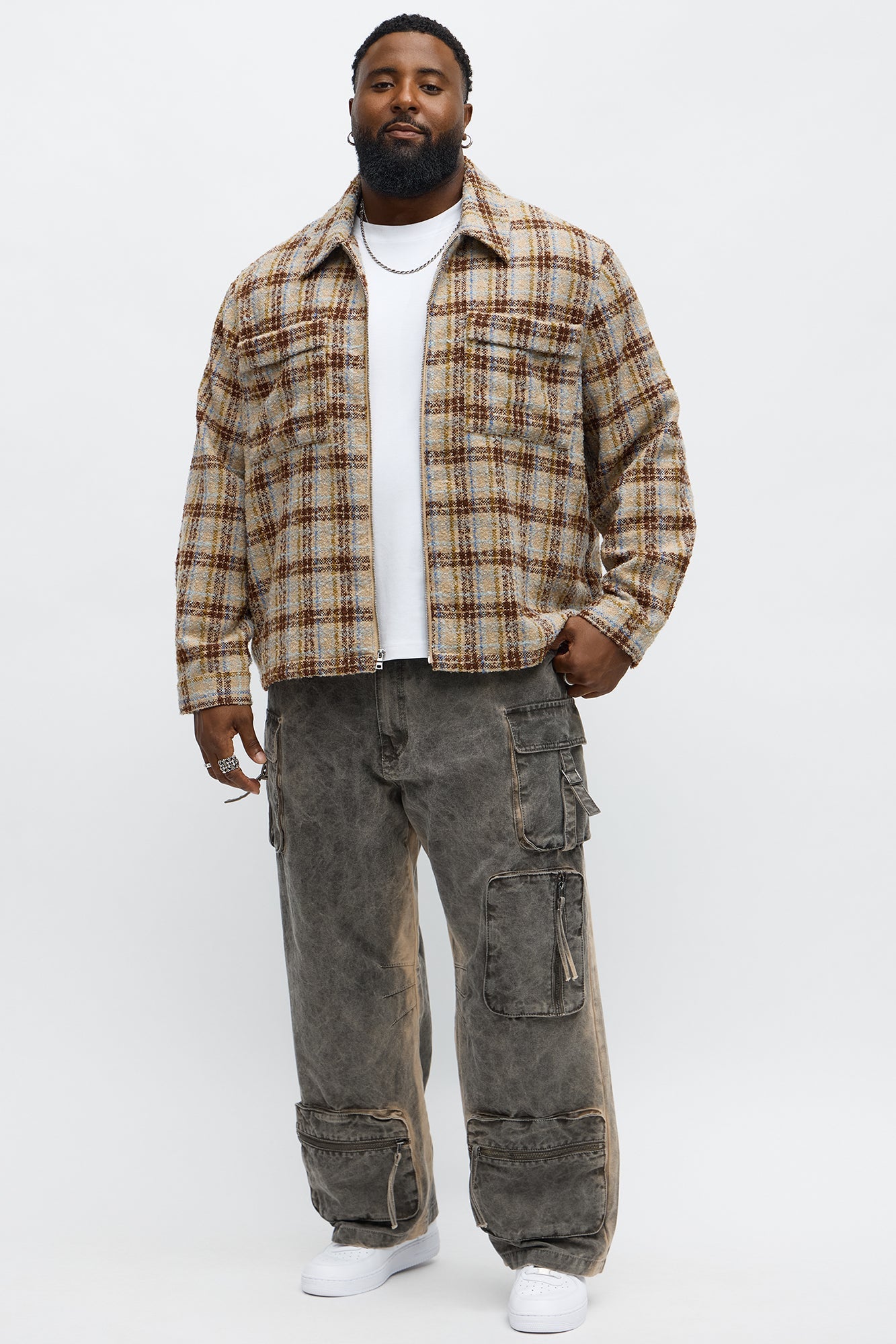 Textured Plaid Zip Jacket - Brown/combo