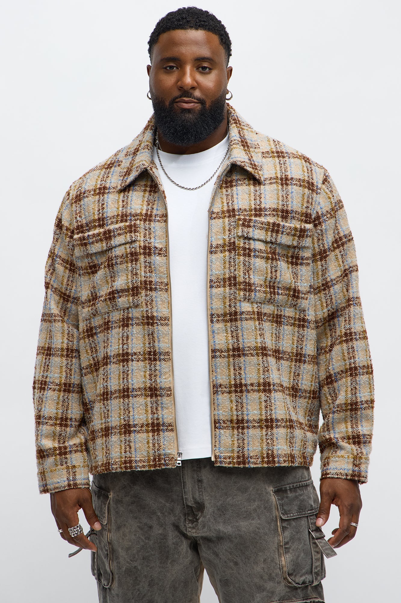 Textured Plaid Zip Jacket - Brown/combo