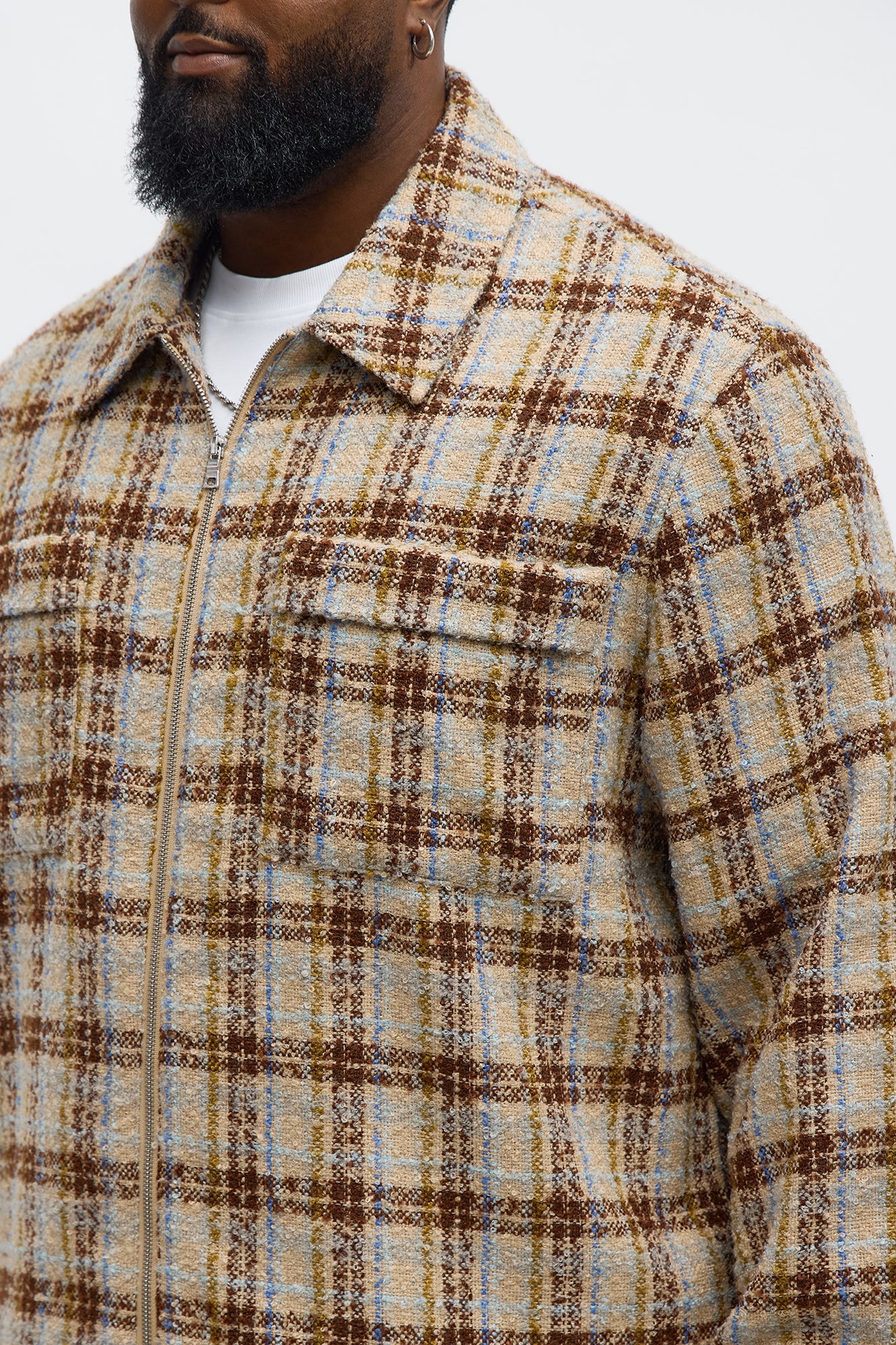 Textured Plaid Zip Jacket - Brown/combo