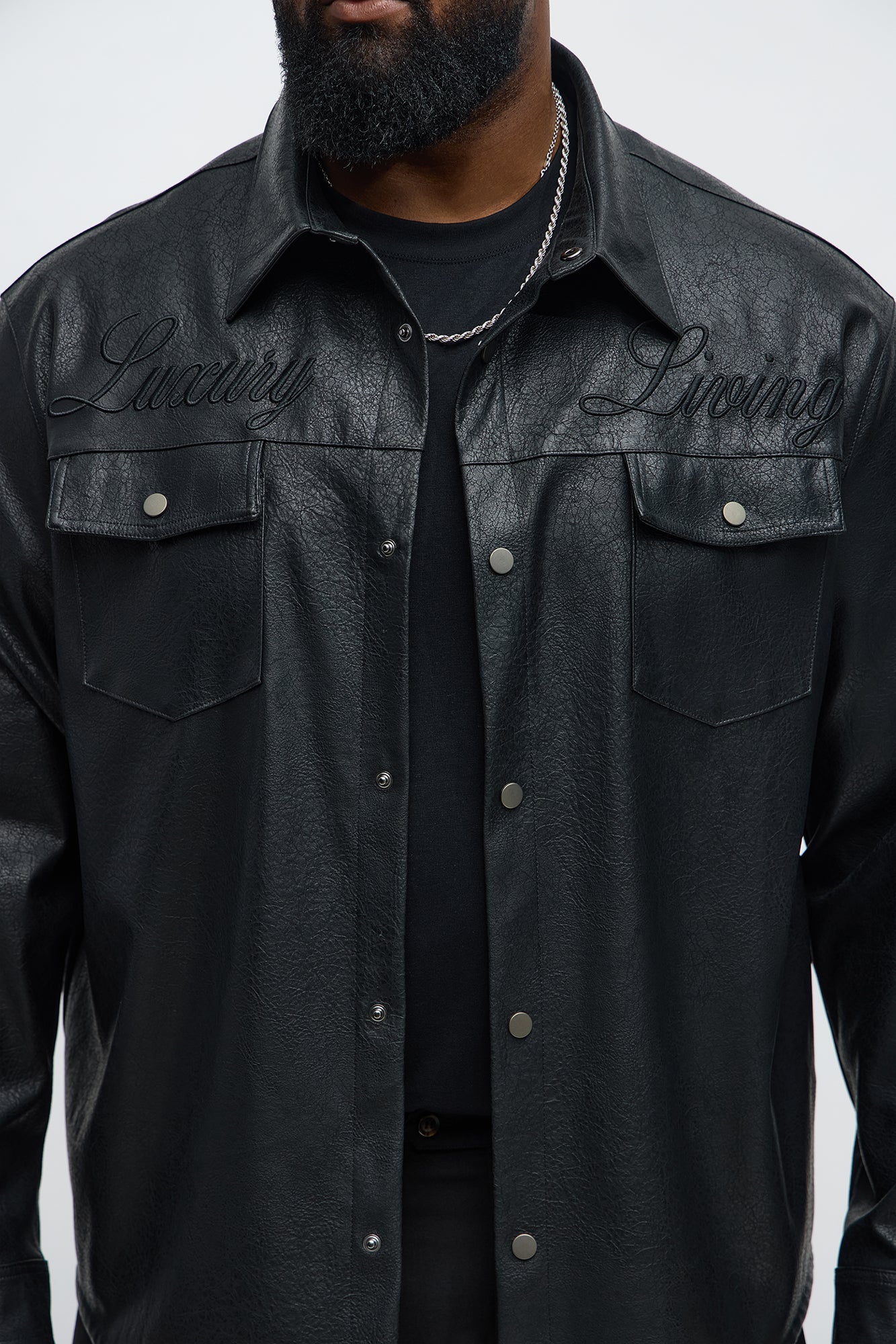 Luxury Living Faux Leather Overshirt - Black