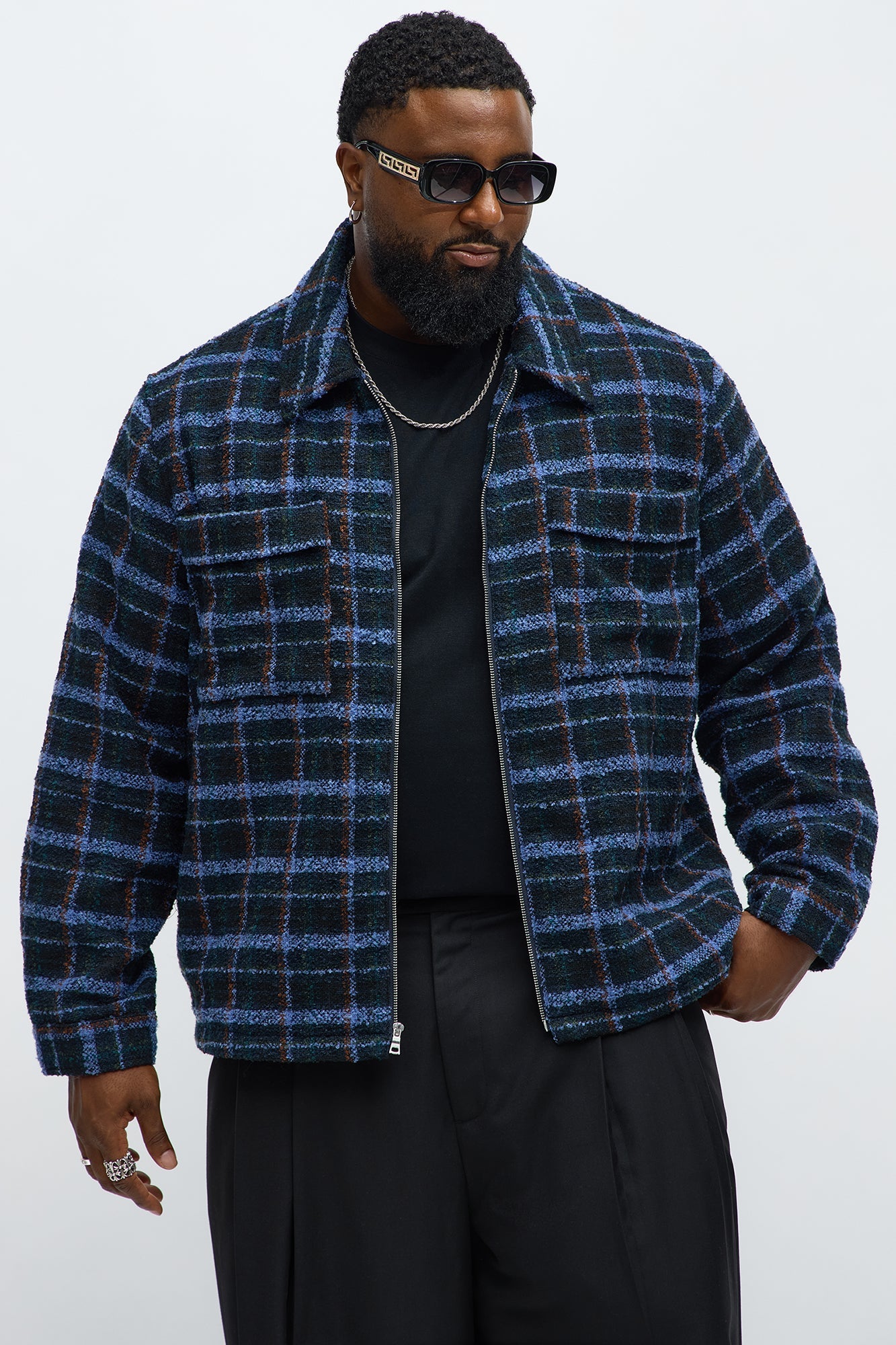 Textured Plaid Zip Jacket - Blue/combo