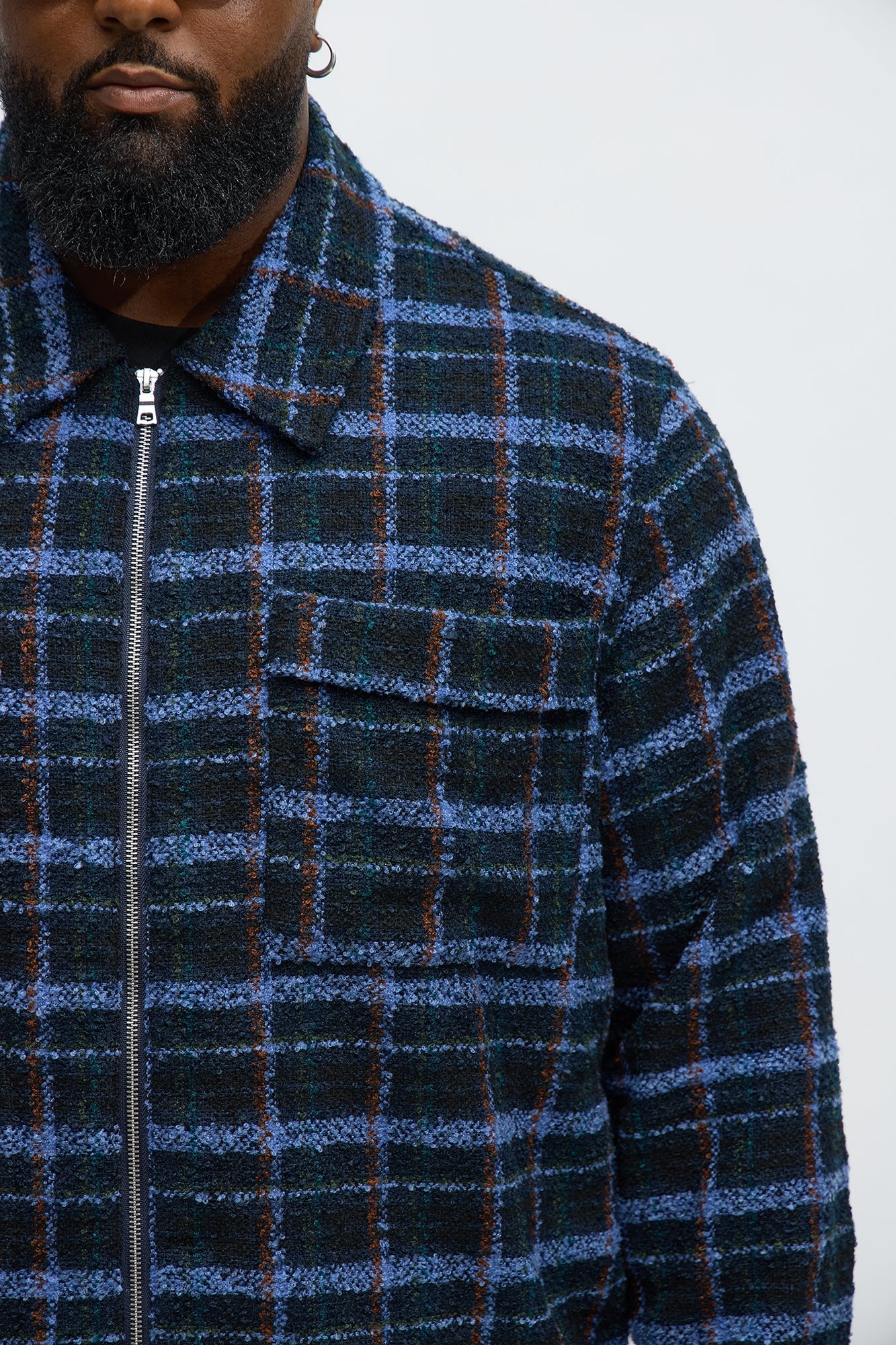 Textured Plaid Zip Jacket - Blue/combo