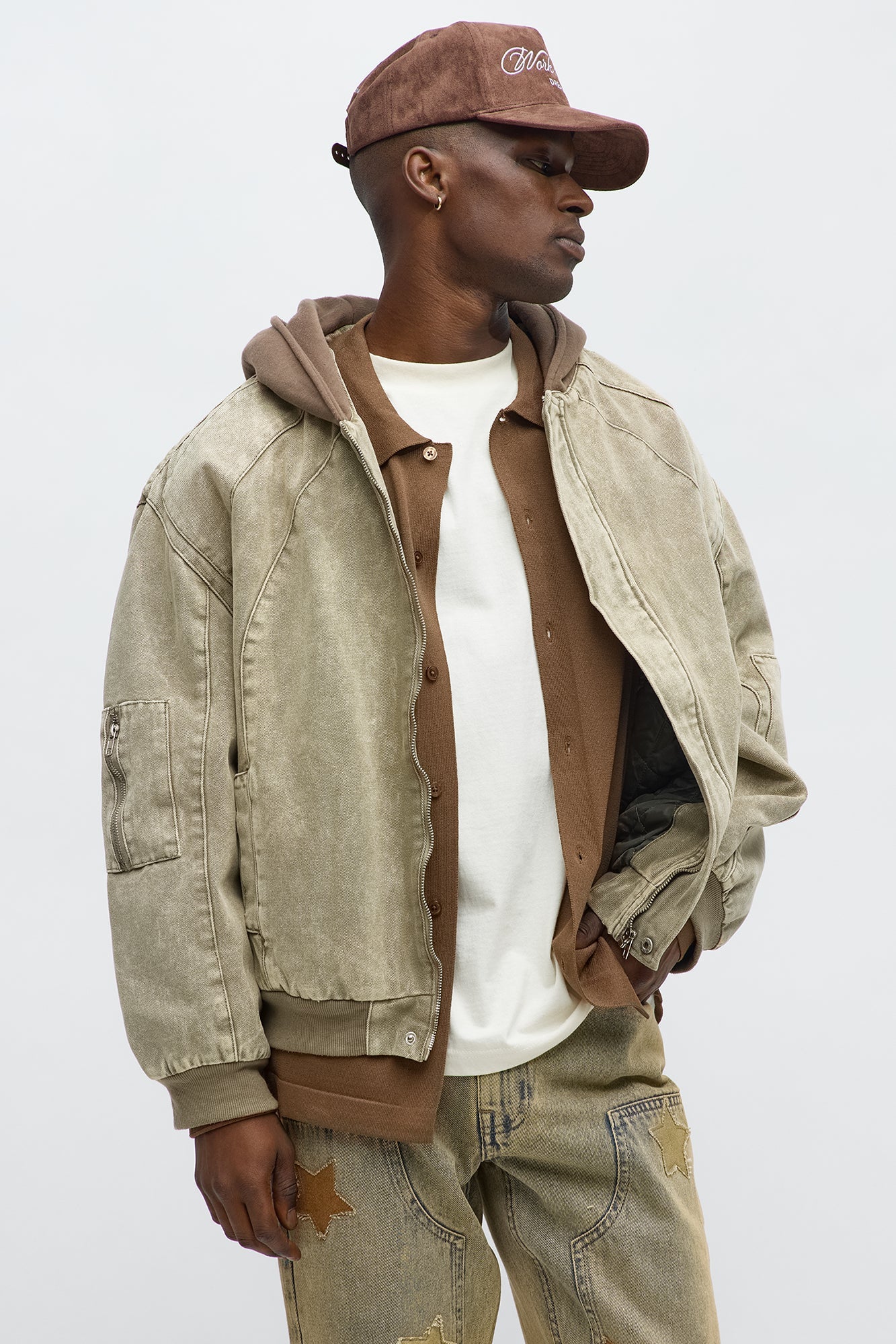 Oversized Padded Hooded Utility Bomber - Olive/combo