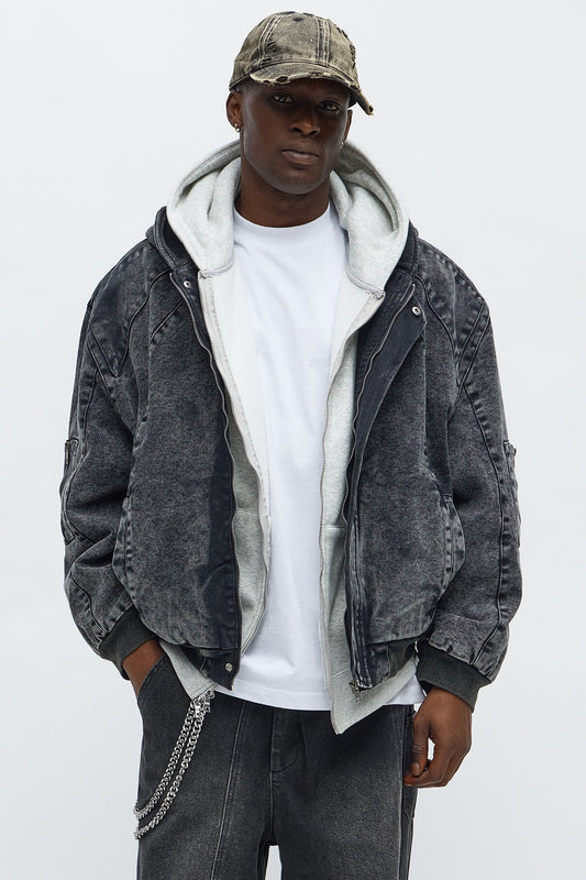 Oversized Padded Hooded Utility Bomber - Charcoal/combo
